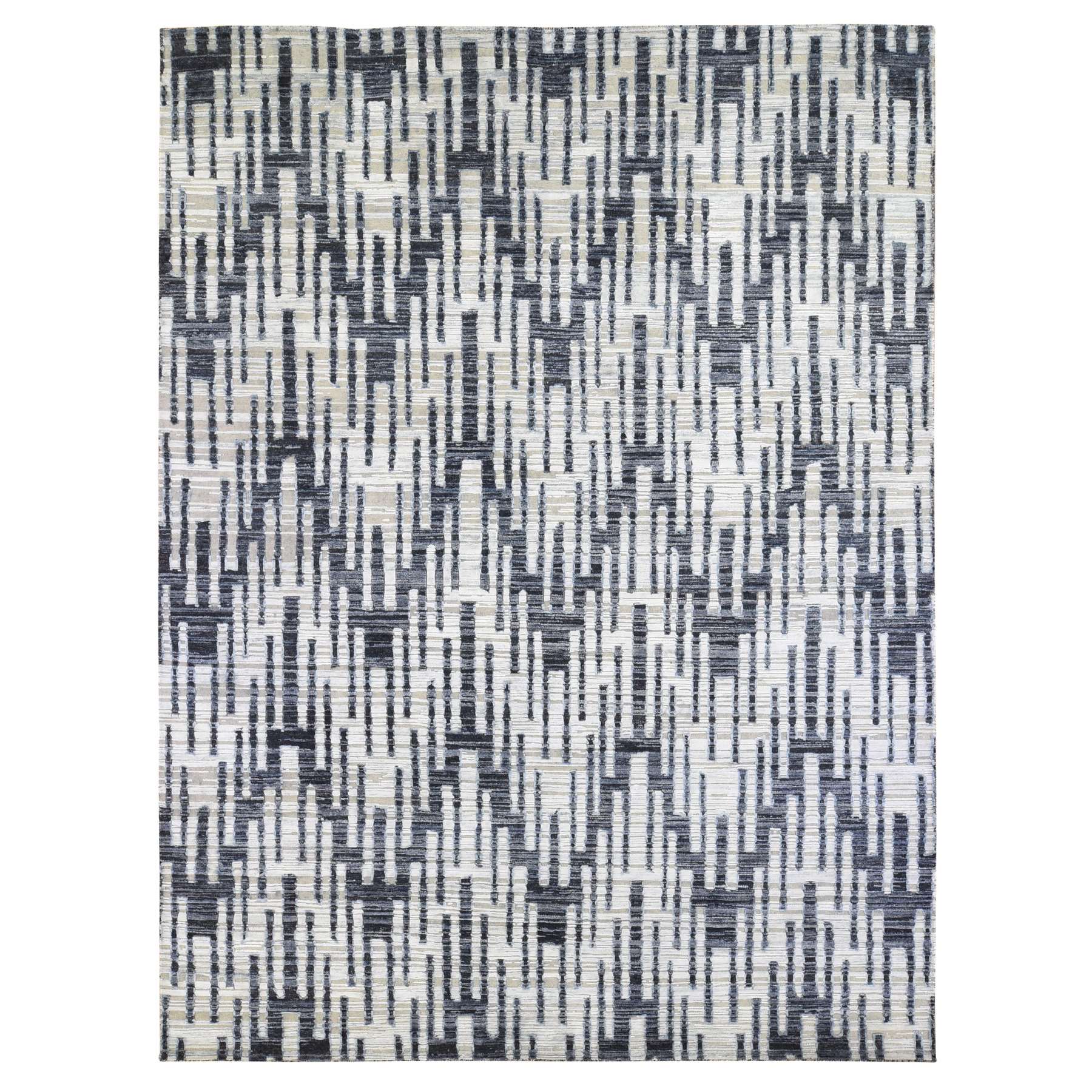 9'x12' Black and White Zig Zag Design Pure Silk and Textured Wool Oriental Rug 