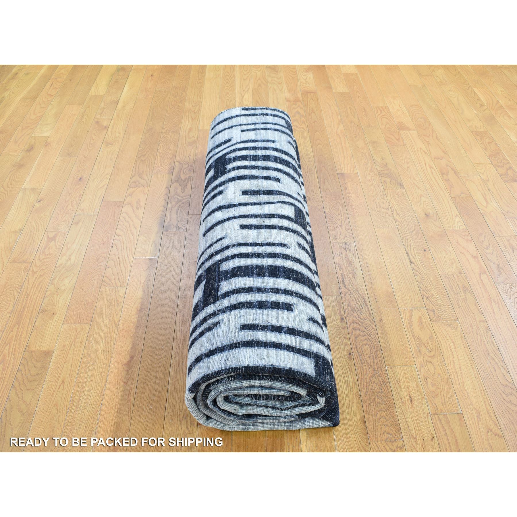 9'x12' Black and White Zig Zag Design Pure Silk and Textured Wool Oriental Rug 