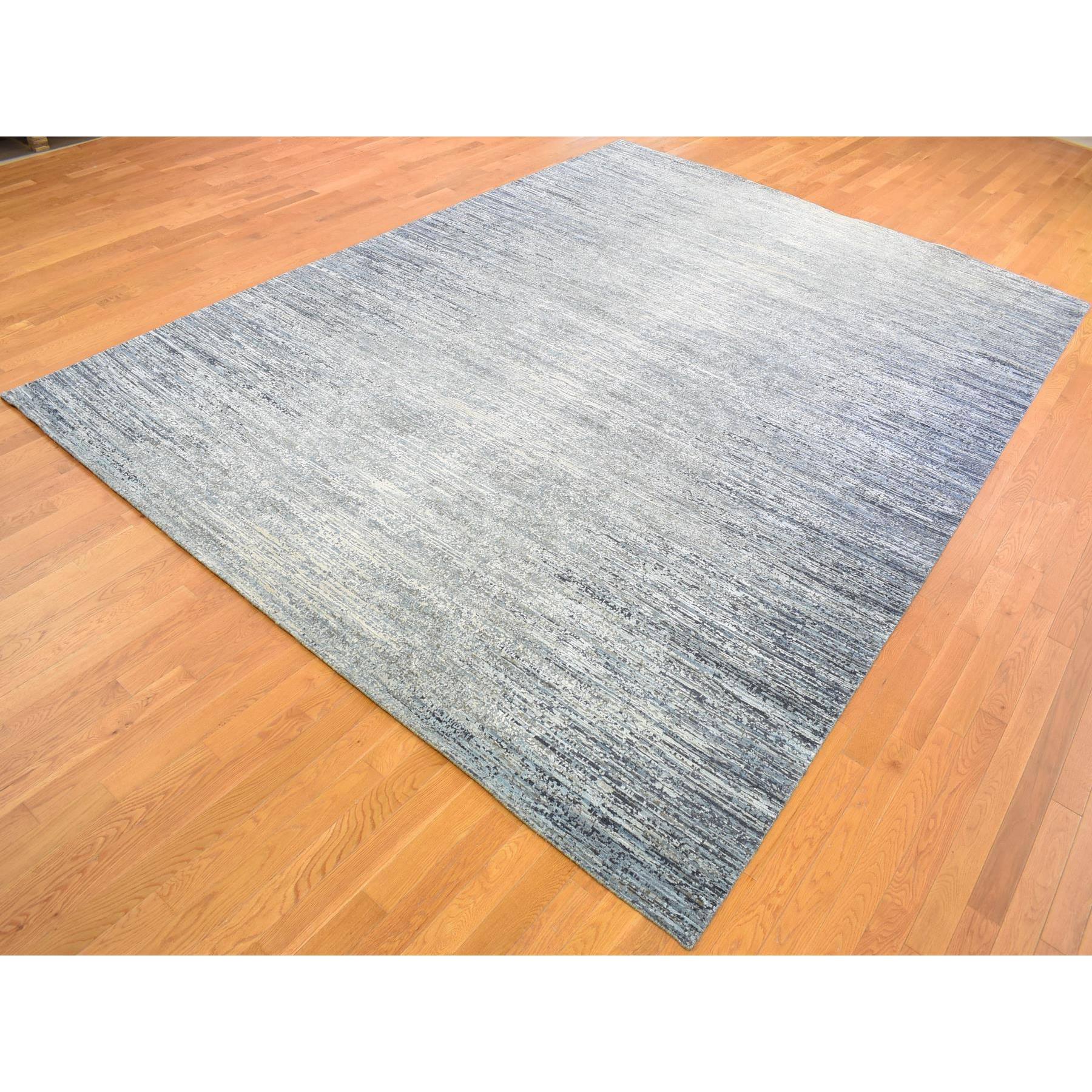 10'x14' Horizontal Ombre Design Hand Woven Denim Blue Wool and Pure Silk Oriental Rug 