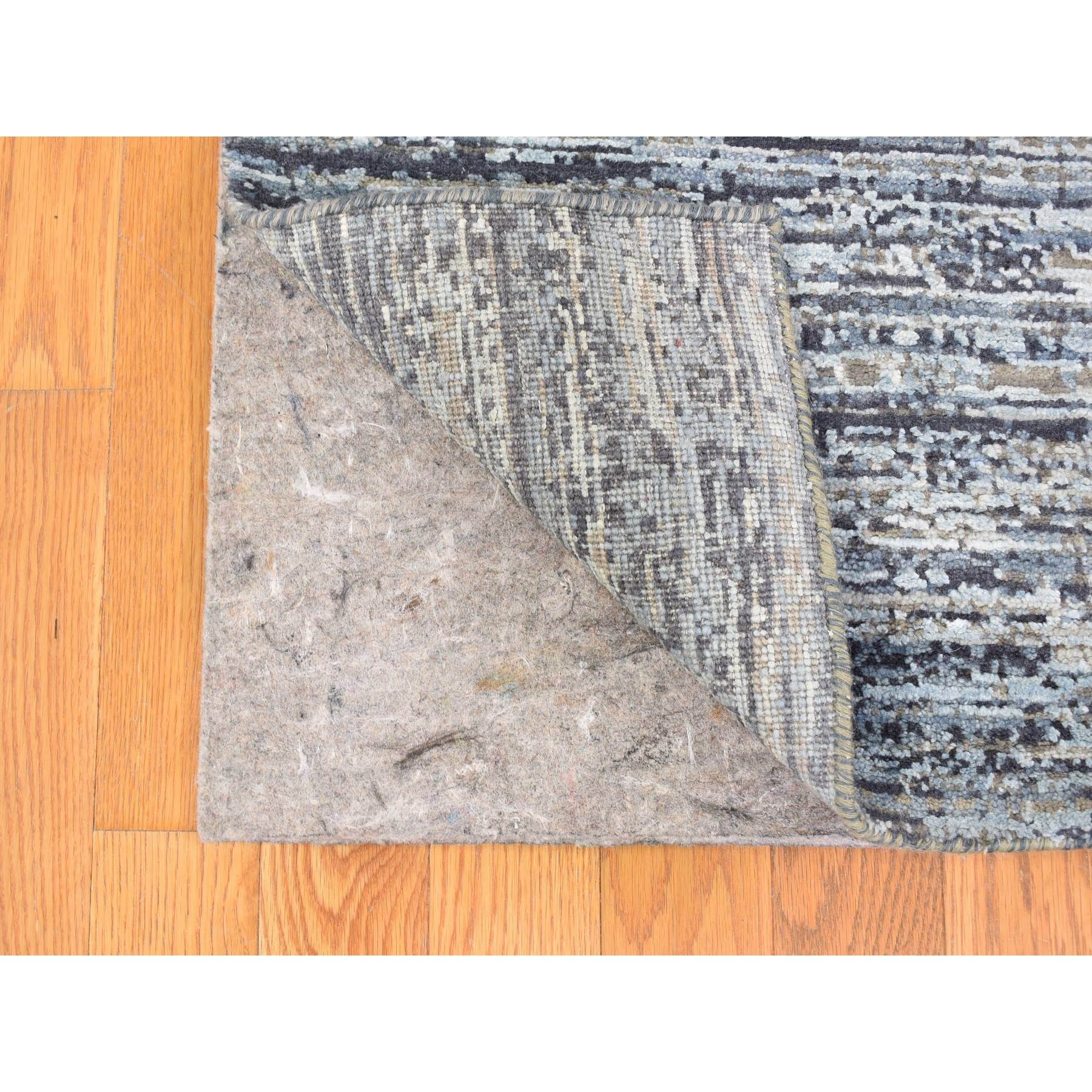 10'x14' Horizontal Ombre Design Hand Woven Denim Blue Wool and Pure Silk Oriental Rug 