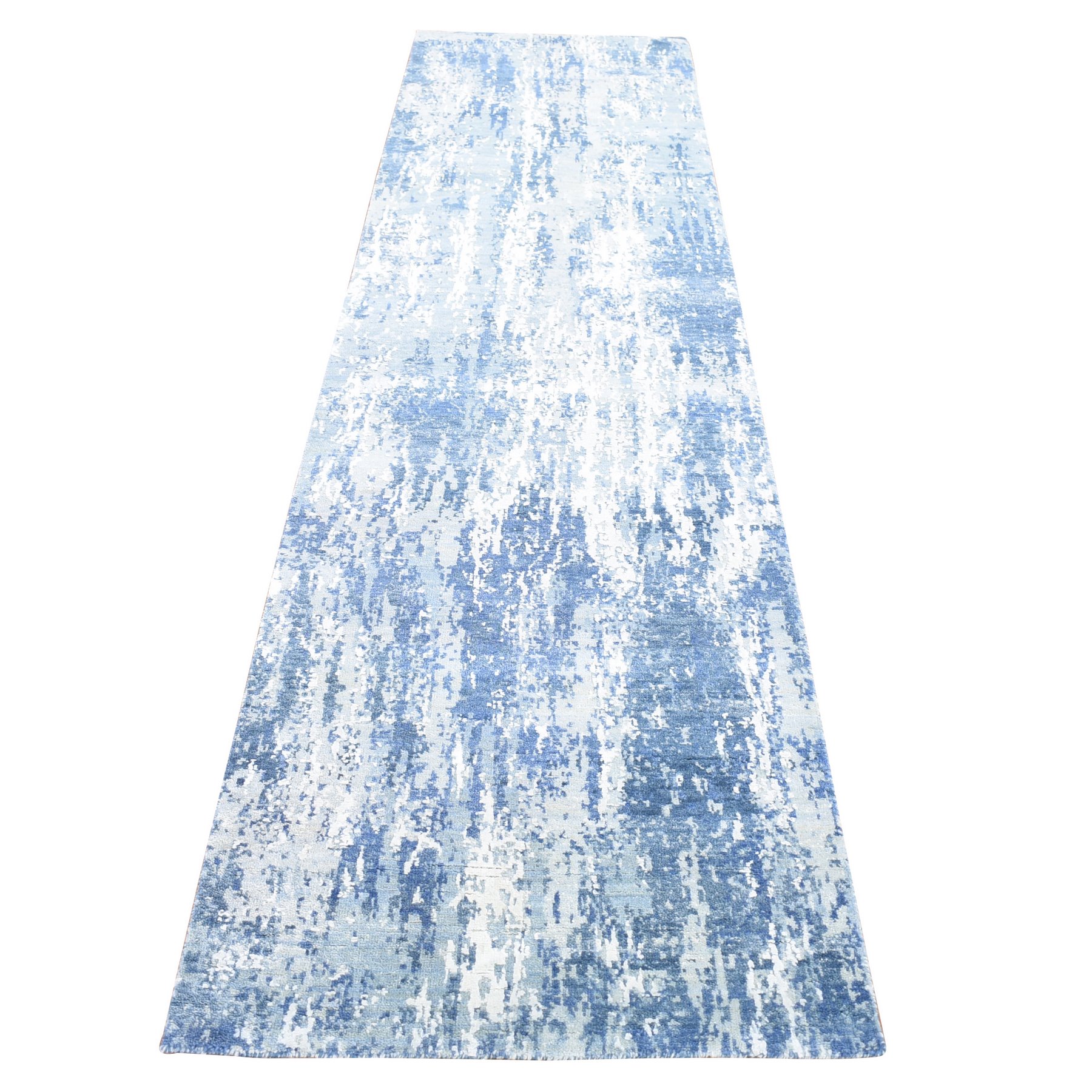 2'6"x10'1" Hand Woven Denim Blue Abstract Design Wool and Real Silk Runner Oriental Rug 
