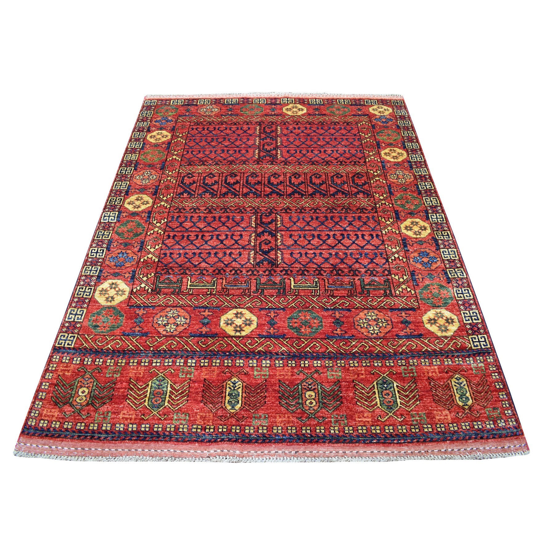 4'10"x6'4" Hand Woven Afghan Ersari Hutchlu Engsi Design Red With Pop Of Color Organic Wool Oriental Rug 
