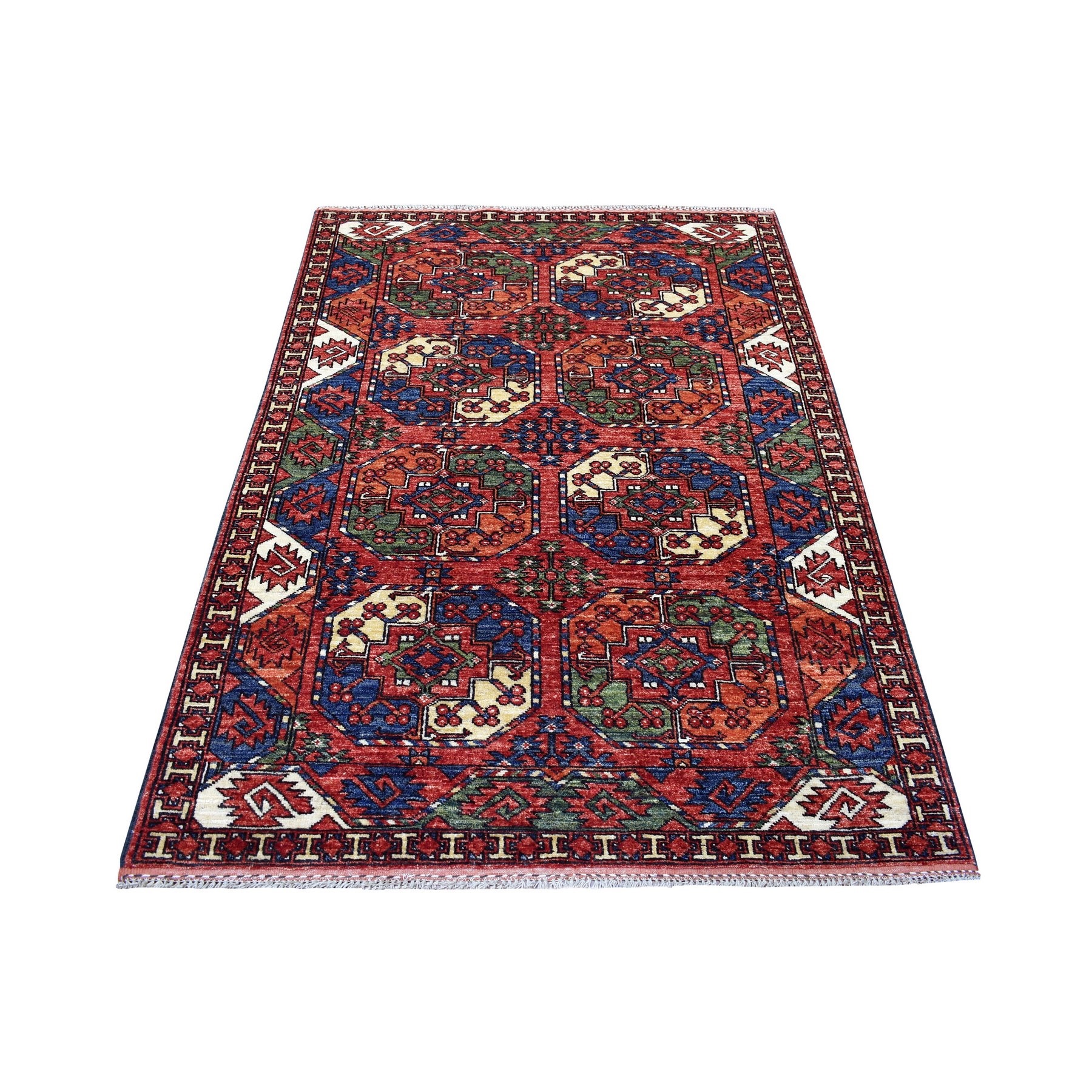4'x6'1" Red with Soft Colors Elephant Feet Design Hand Woven Pure Wool Afghan Ersari Oriental Rug 