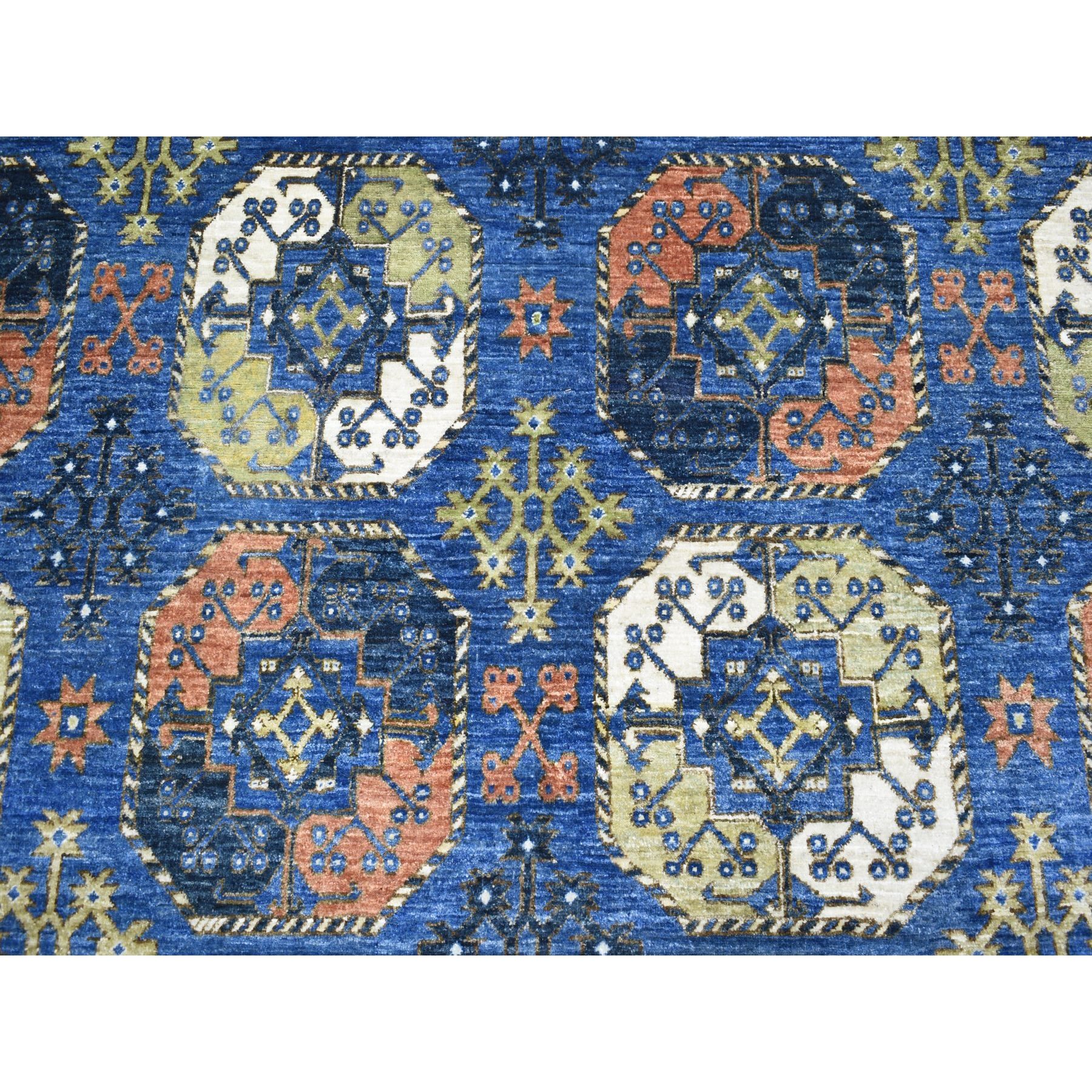 9'5"x12' Hand Woven Pure Wool Afghan Ersari Blue With Pop Of Color Elephant Feet Design Oriental Rug 