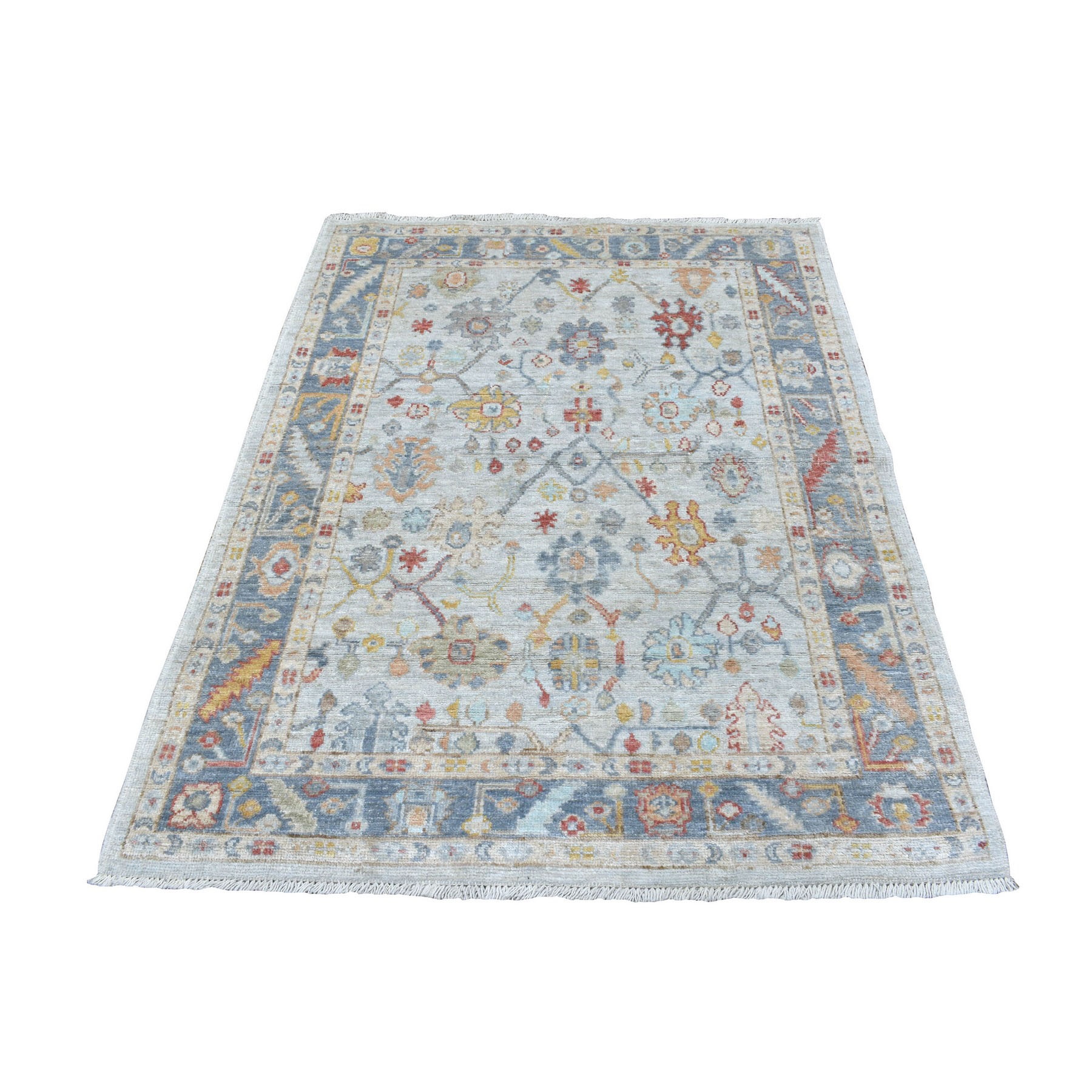 4'1"x5'8" Pure Wool Hand Woven Light Gray With Colorful Motifs Angora Oushak Oriental Rug 