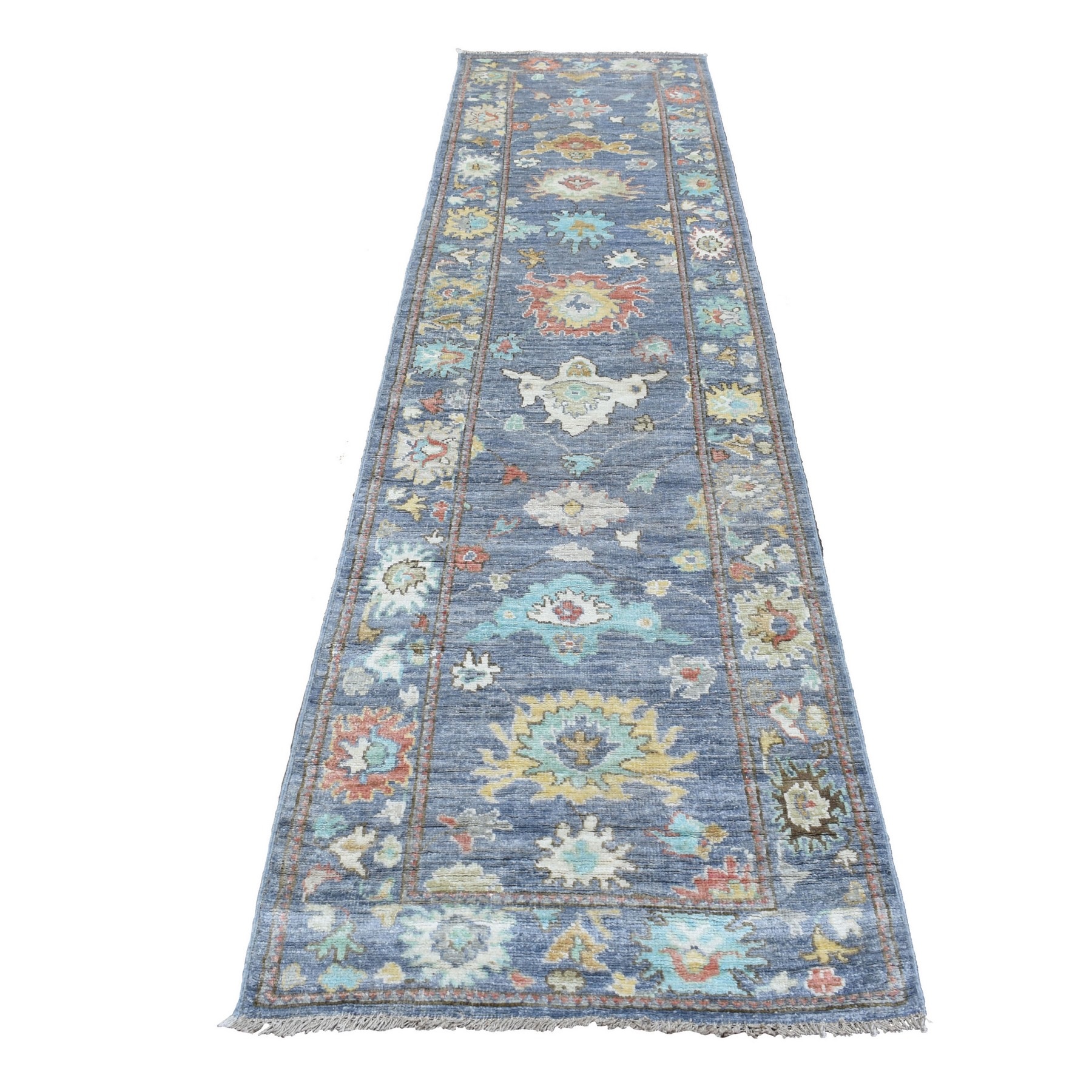 2'9"x11'1" Denim Blue Angora Oushak With Large Colorful Motifs Hand Woven Afghan Wool Oriental Runner Rug 