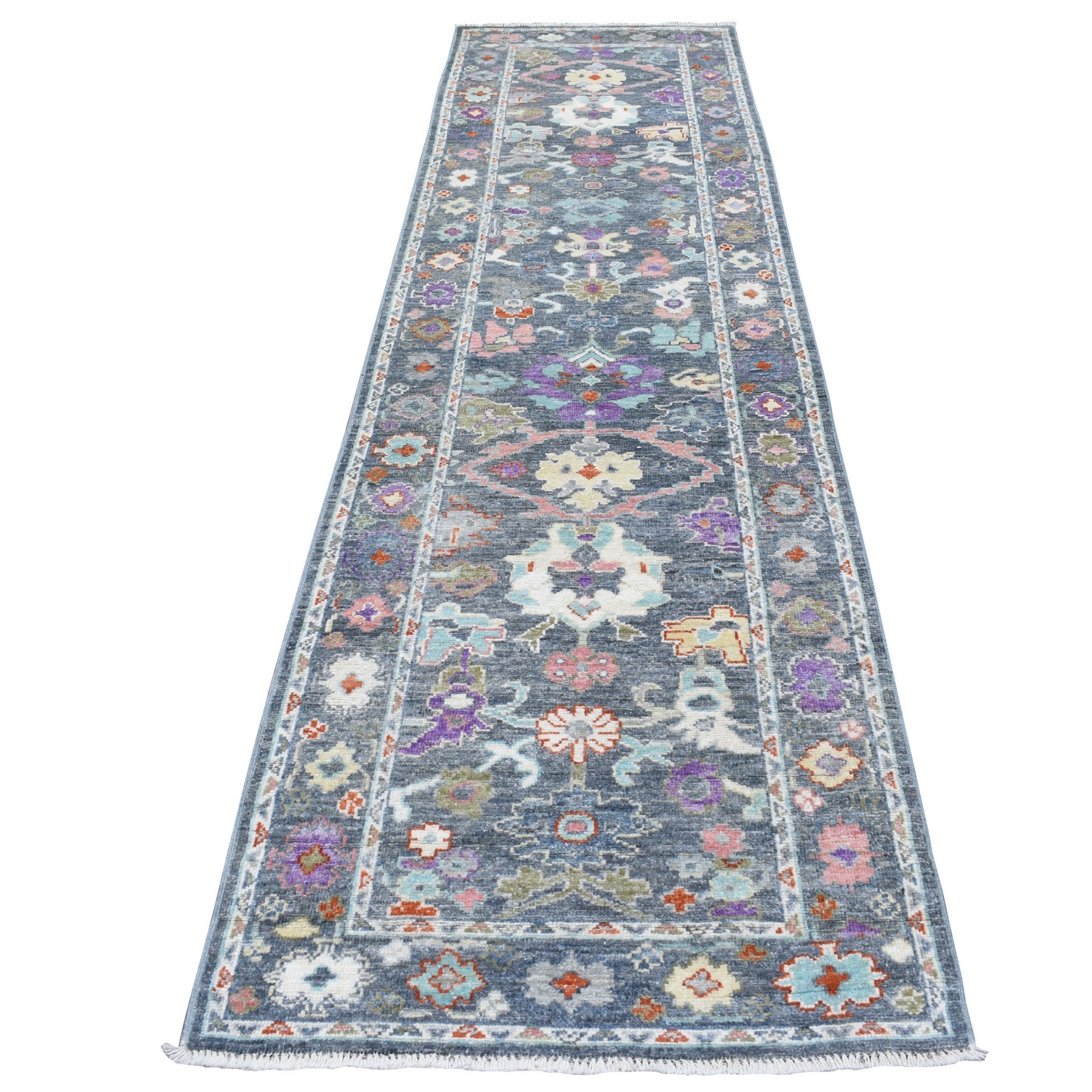 3'x11'7" Hand Woven Gray Angora Oushak In A Colorful Palette 100% Wool Oriental Runner Rug 