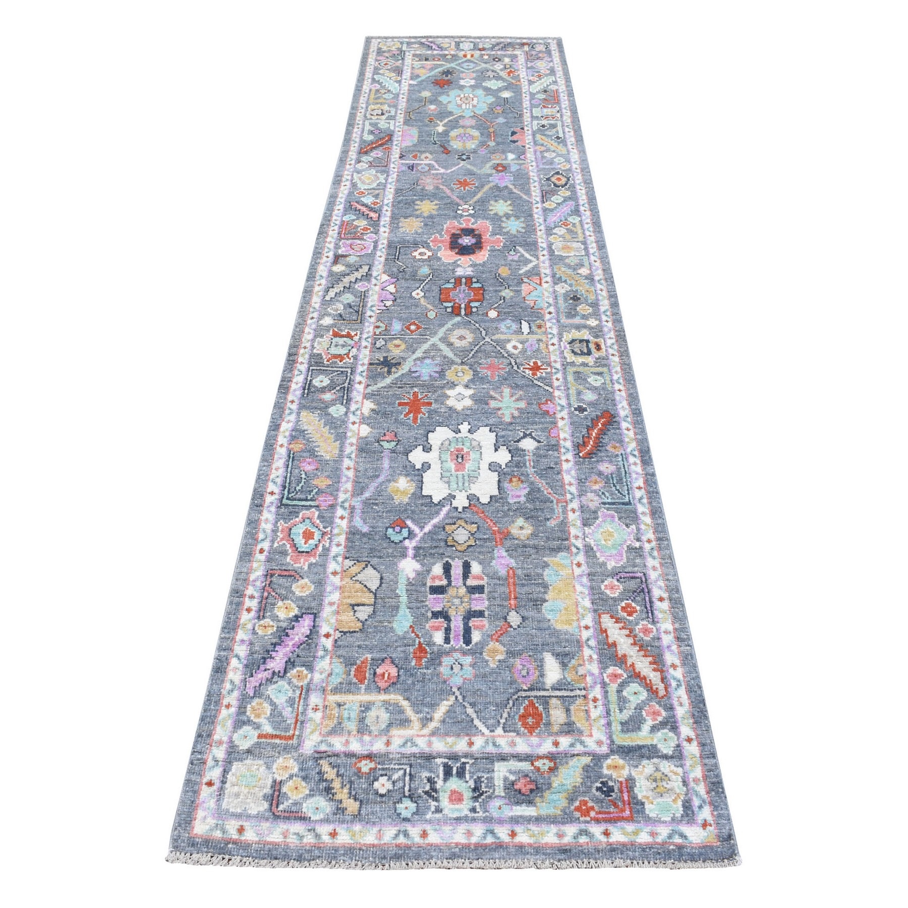 2'8"x11'7" 100% Wool Angora Oushak Gray with Colorful Motifs Hand Woven Oriental Runner Rug 