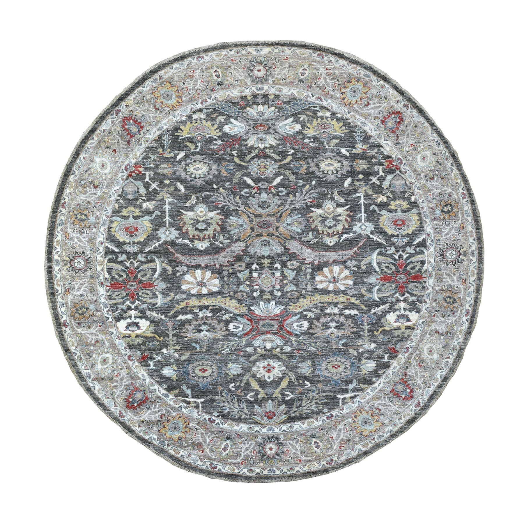 7'10"x7'10" Charcoal Black Fine Peshawar in a Colorful Palette Hand Woven Soft Pure Wool Oriental Round Rug 