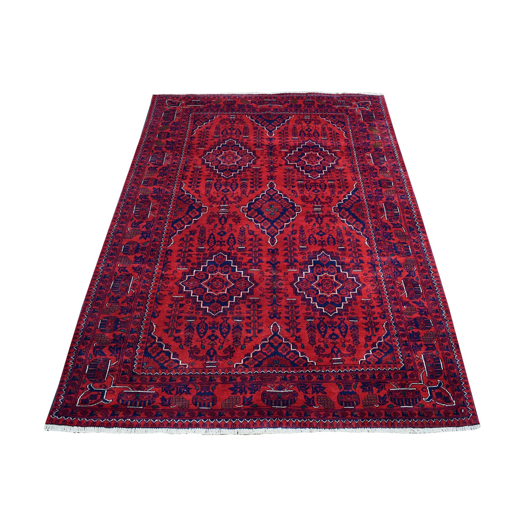 4'1"x6'3" Saturated Red Afghan Khamyab with Natural Dyes Organic Wool Hand Woven Oriental Rug 