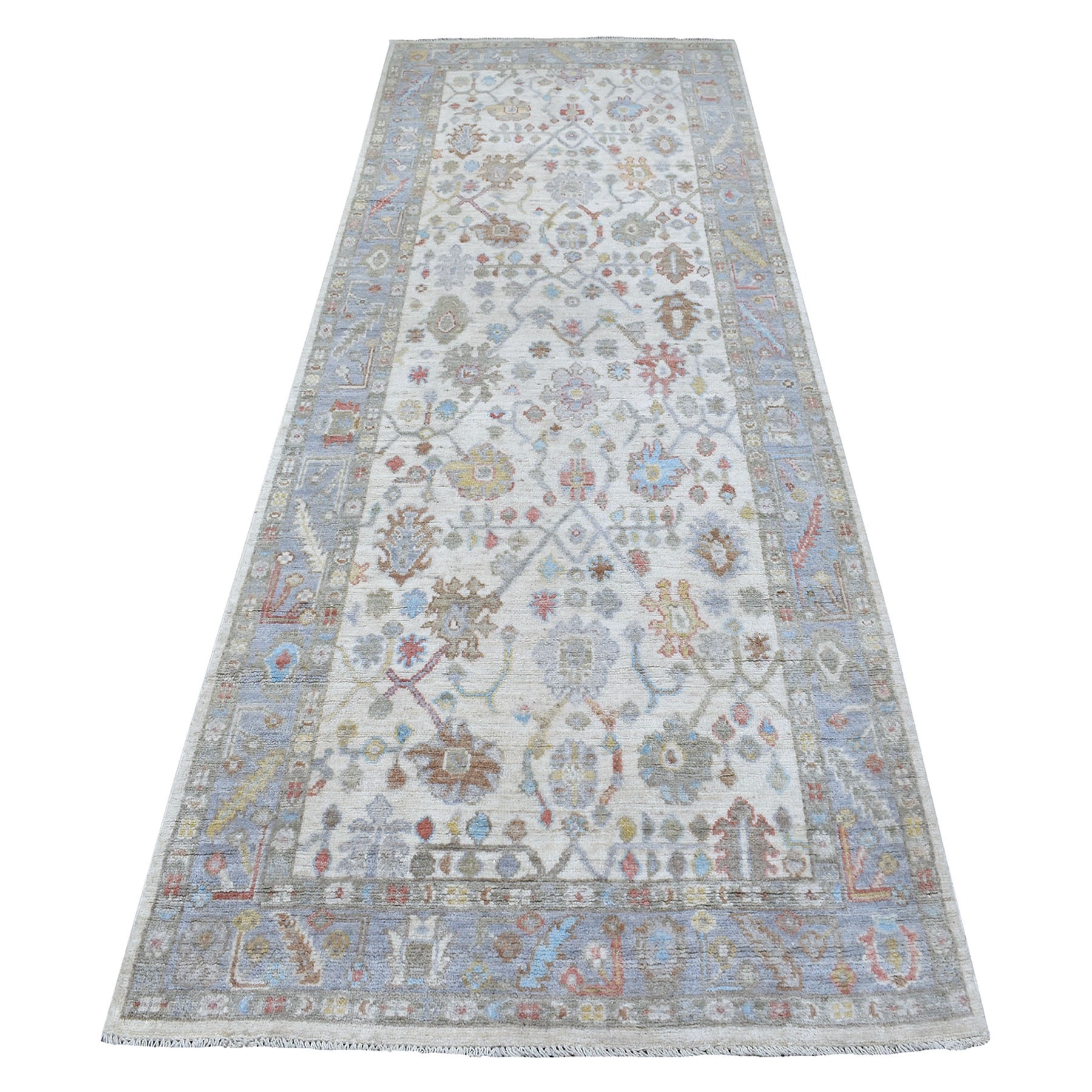 3'9"x9'10" Hand Woven Extra Soft Natural Wool Ivory Angora Oushak in a Colorful Palette Oriental Runner Rug 