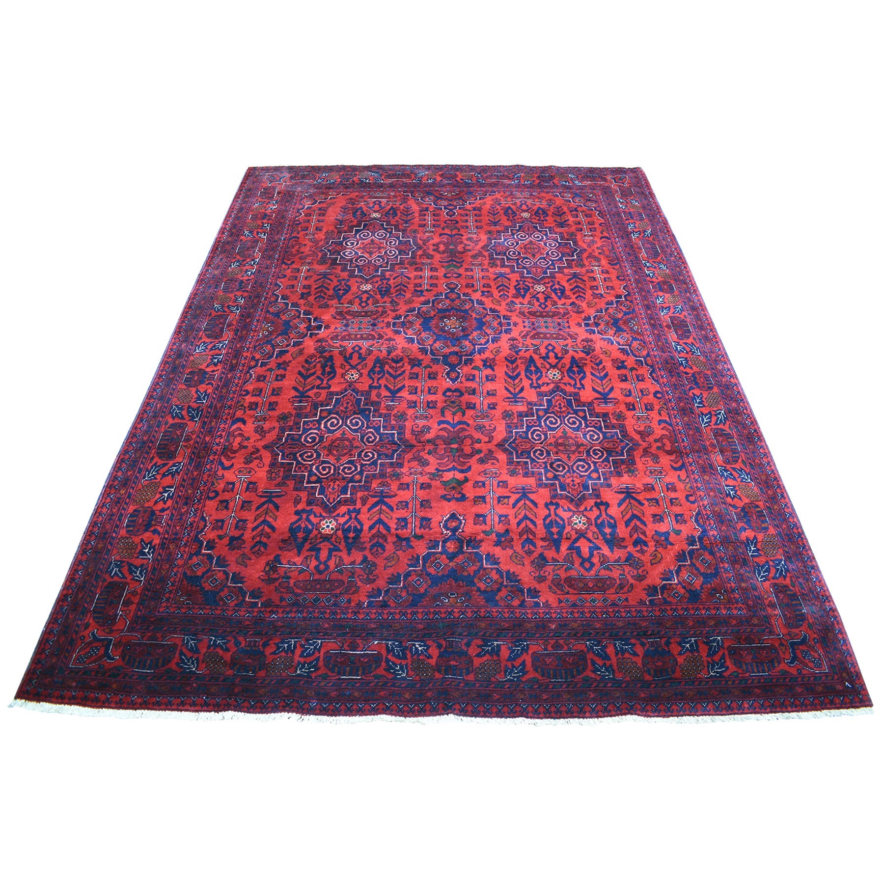5'9"x8' Hand Woven Deep and Saturated Red Afghan Khamyab Medallions Design Soft Organic Wool Oriental Rug 