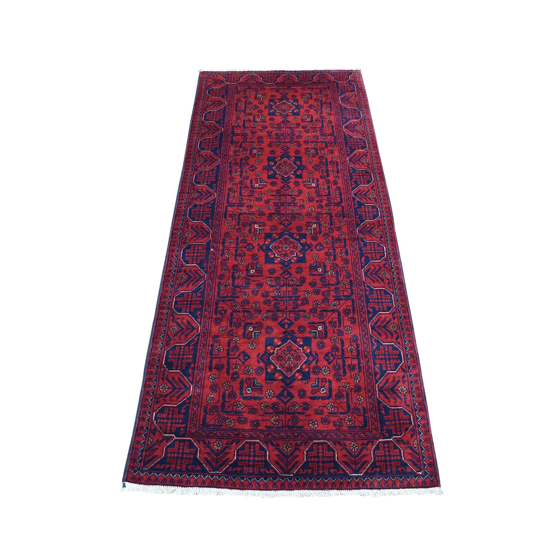 2'7"x6'5" Afghan Khamyab Geometric Design Deep and Saturated Red Soft Organic Wool Hand Woven Runner Oriental Rug 