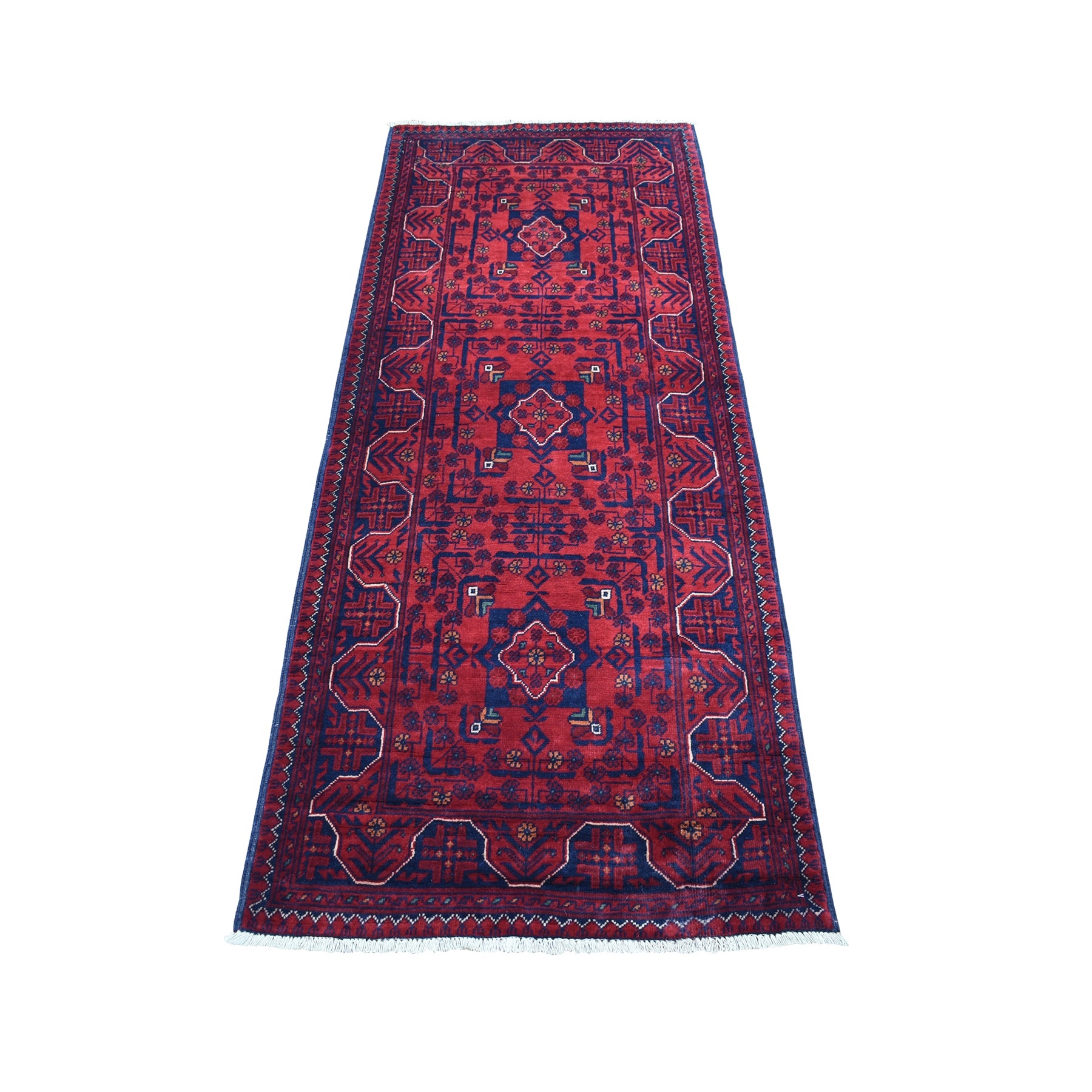 2'5"x6'3" Saturated Red with Pop of Navy Blue Afghan Khamyab Hand Woven Soft Natural Wool Runner Oriental Rug 