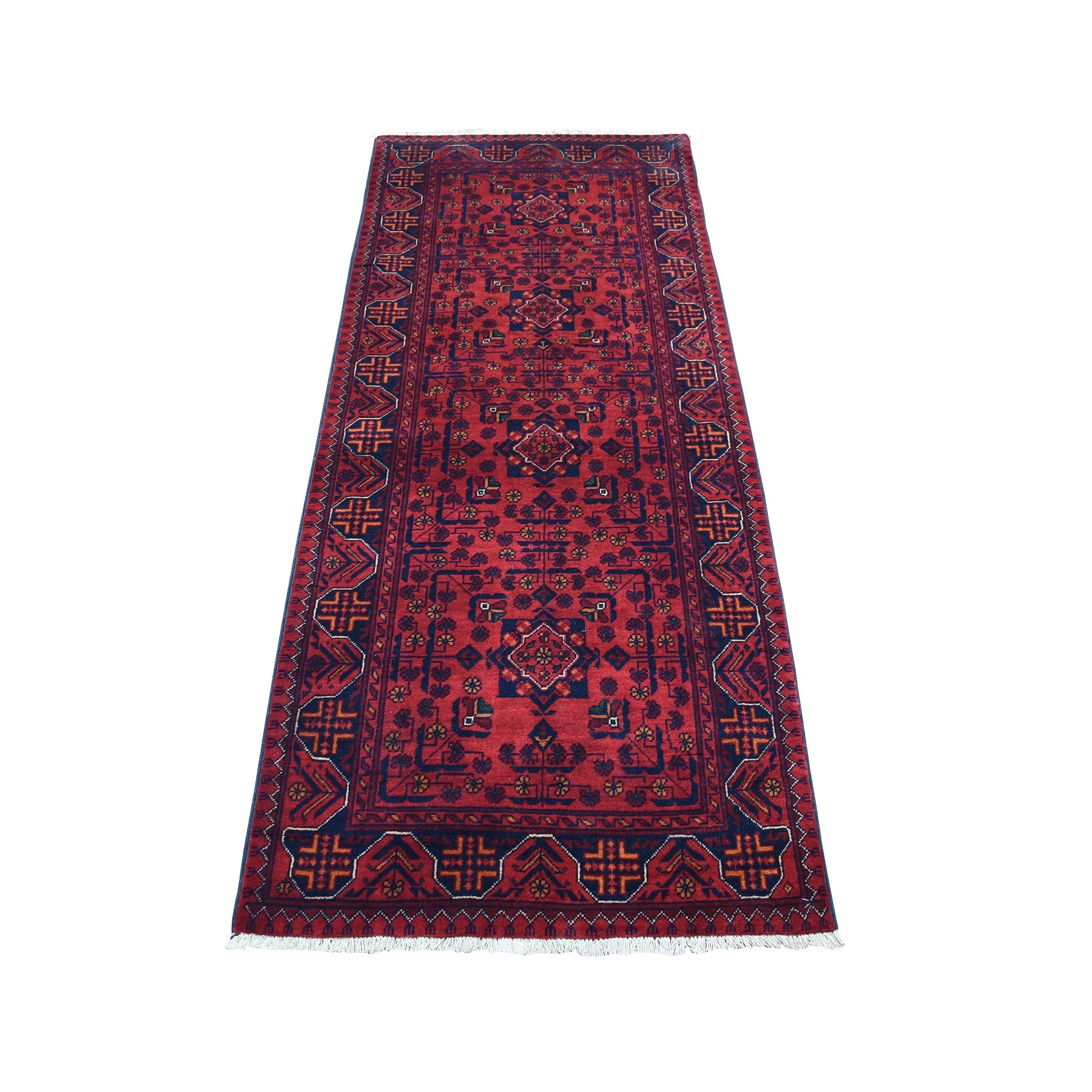 2'6"x6'4" Afghan Khamyab with Geometric Design Deep and Saturated Red Extra Soft Wool Hand Woven Runner Oriental Rug 