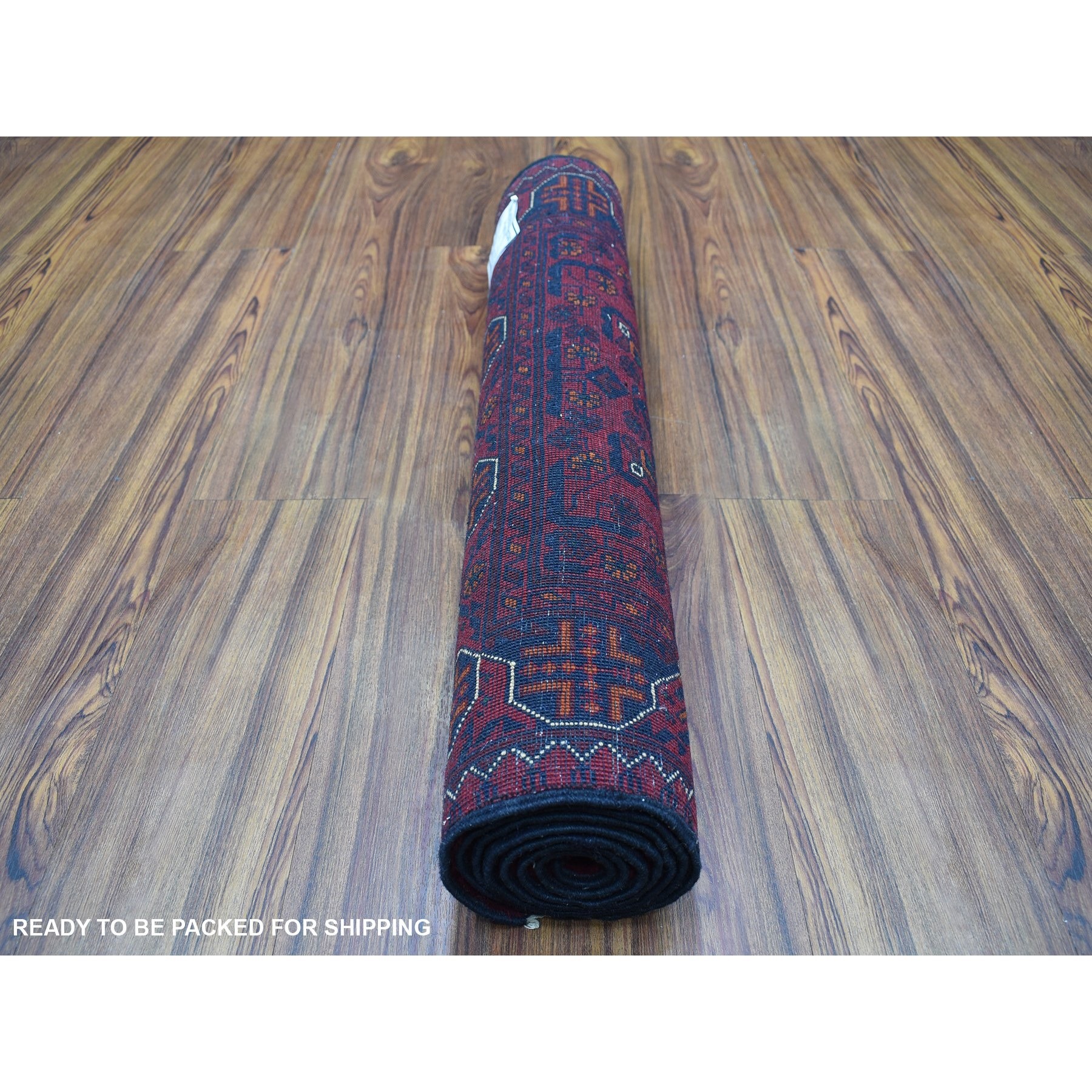 2'6"x6'4" Afghan Khamyab with Geometric Design Deep and Saturated Red Extra Soft Wool Hand Woven Runner Oriental Rug 