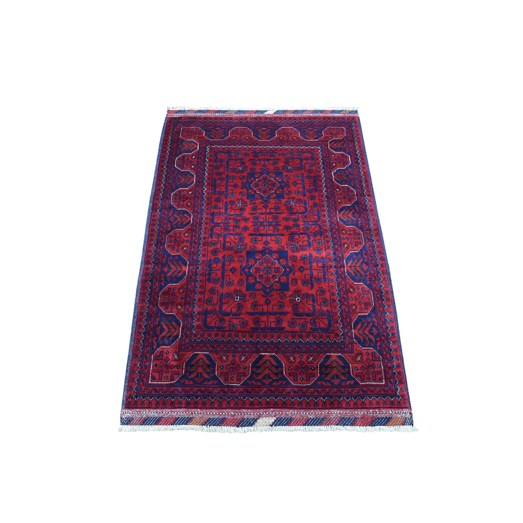 2'9"x4'2" Deep and Saturated Red Geometric Design Afghan Khamyab Shiny Wool Hand Woven Oriental Rug 