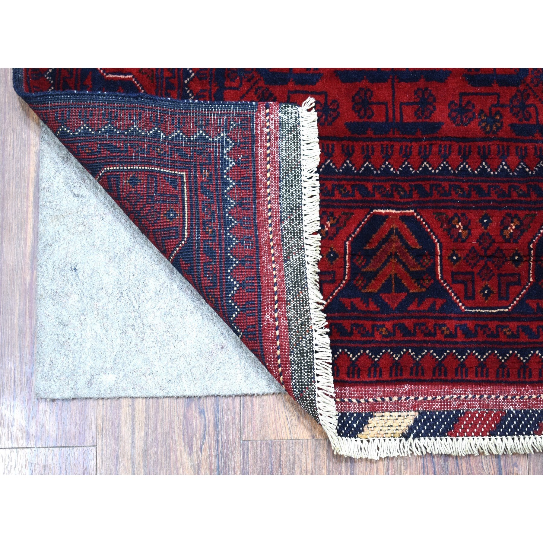 2'9"x4'2" Deep and Saturated Red Geometric Design Afghan Khamyab Shiny Wool Hand Woven Oriental Rug 