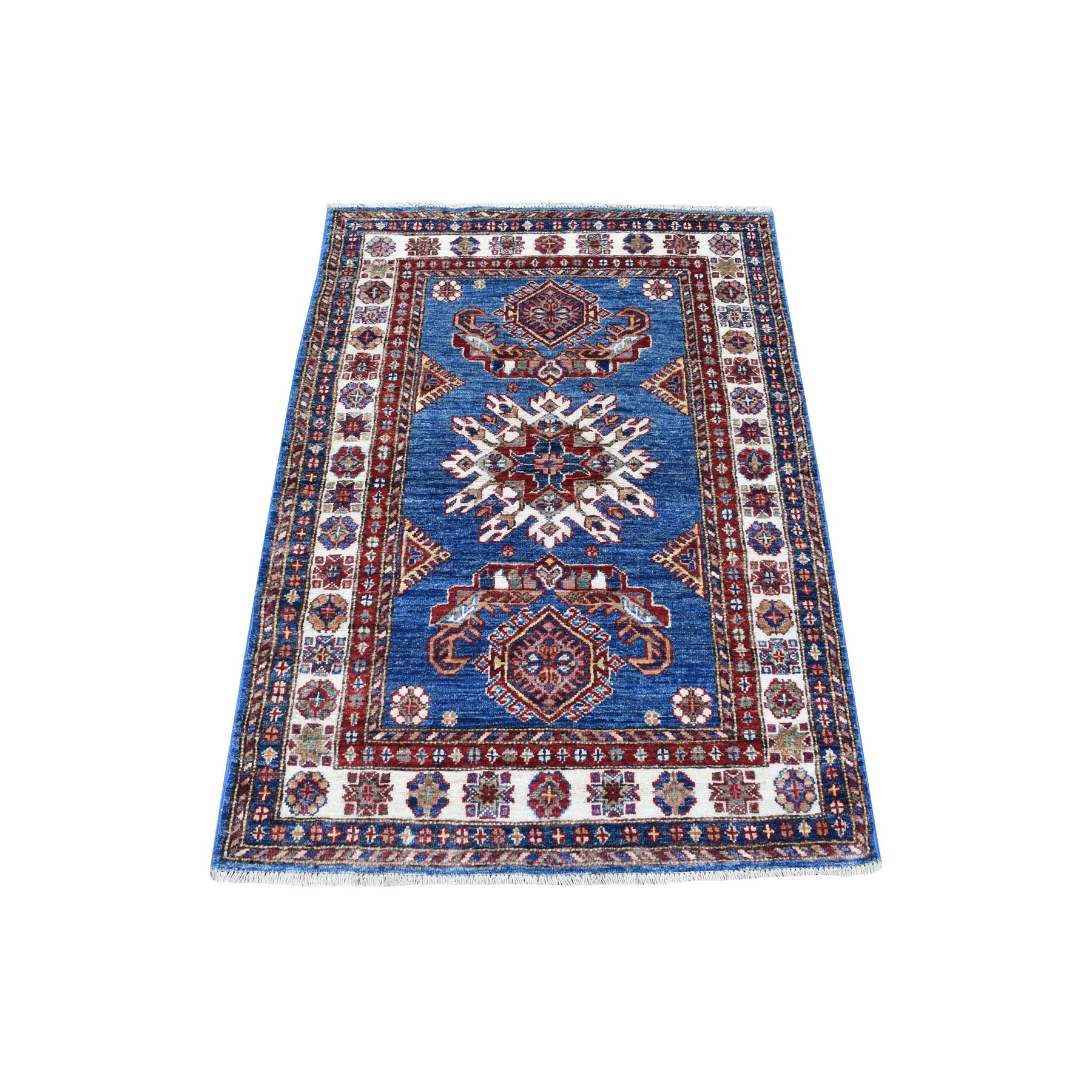 3'x4' Organic Wool Denim Blue Super Kazak with Tribal Medallion Hand Woven Oriental Rug 