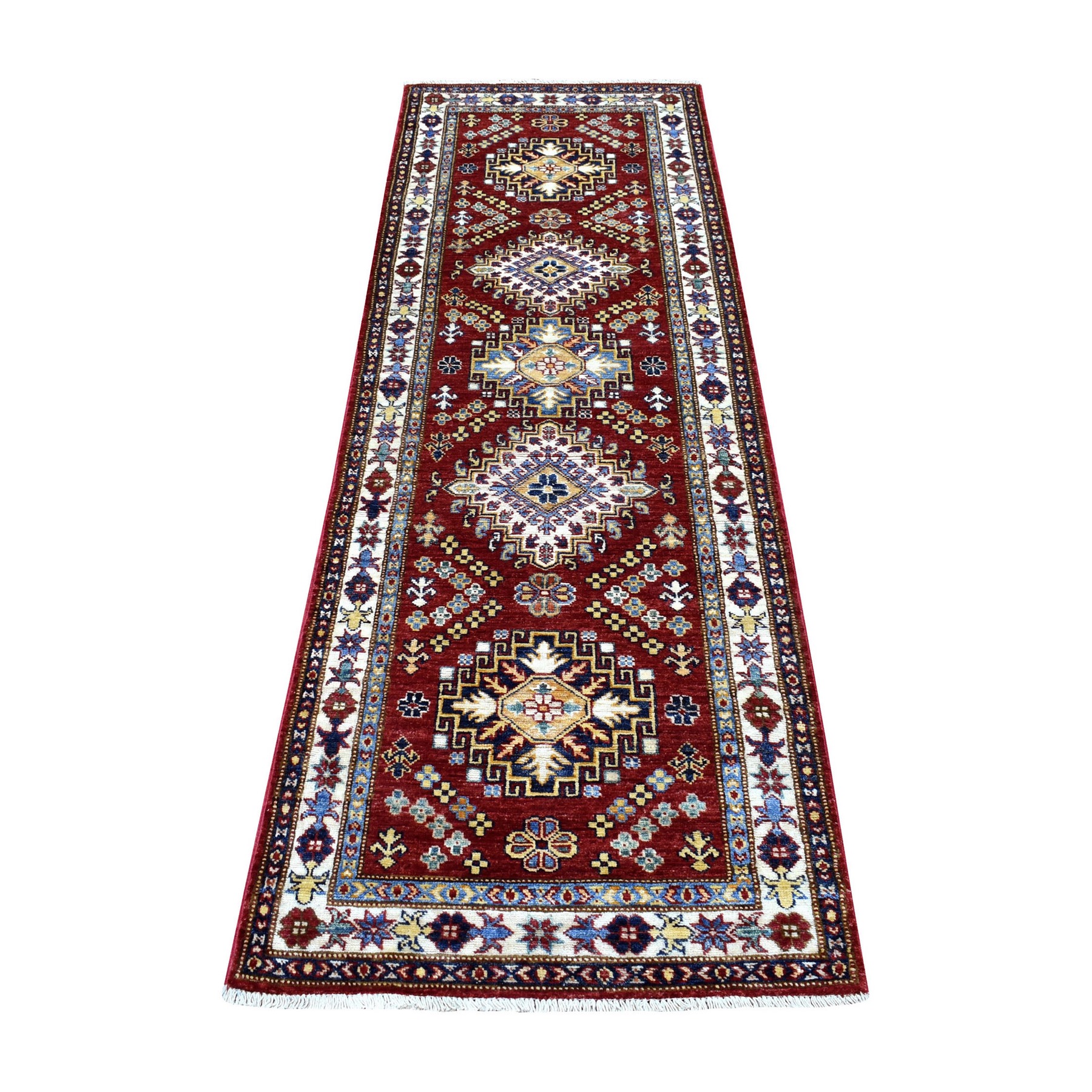 2'4"x7' Deep Rich Red Super Kazak with Tribal Medallions Hand Woven Soft Shiny Wool Runner Oriental Rug 