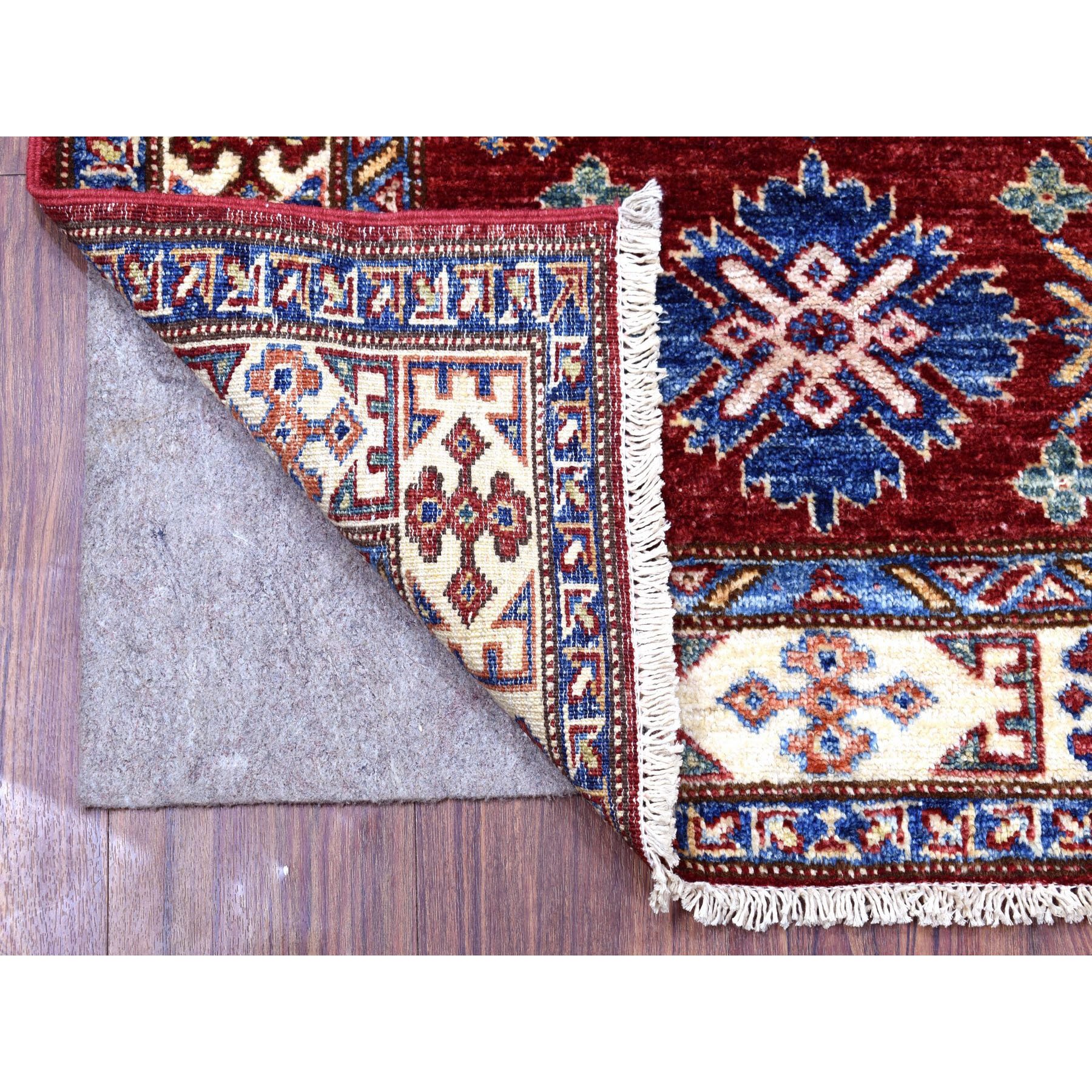 2'7"x8'10" Soft Natural Wool Hand Woven Brick Red Super Kazak with Tribal Medallions Oriental Runner Rug 