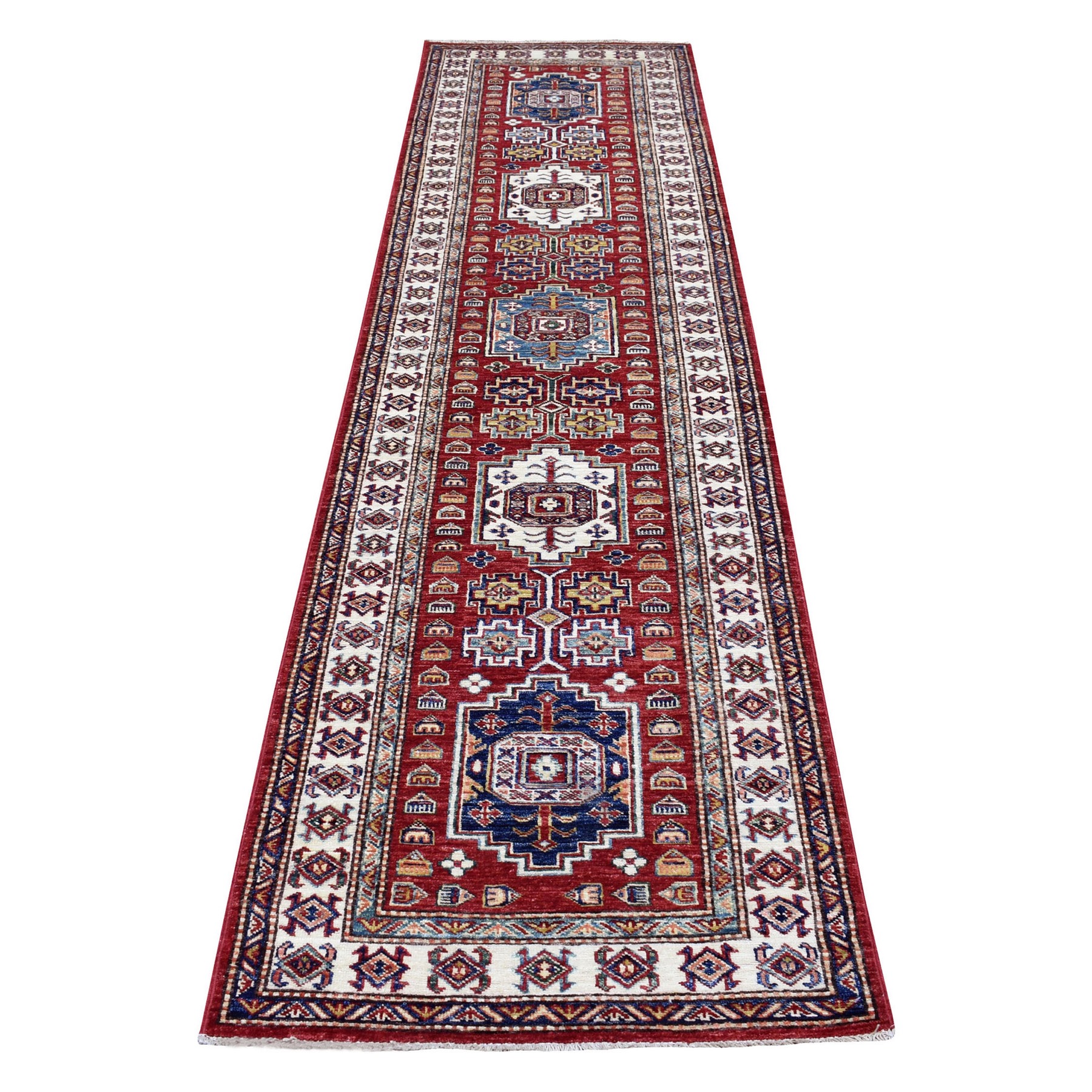 2'7"x9'7" Rich Red Super Kazak with Geometric Medallions Hand Woven Pure Shiny Wool Oriental Runner Rug 