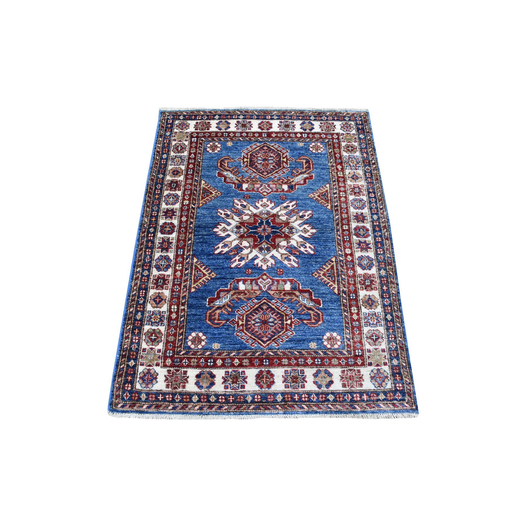 3'x4' Denim Blue Super Kazak with Tribal Medallion Hand Woven Soft Pliable Wool Oriental Rug 