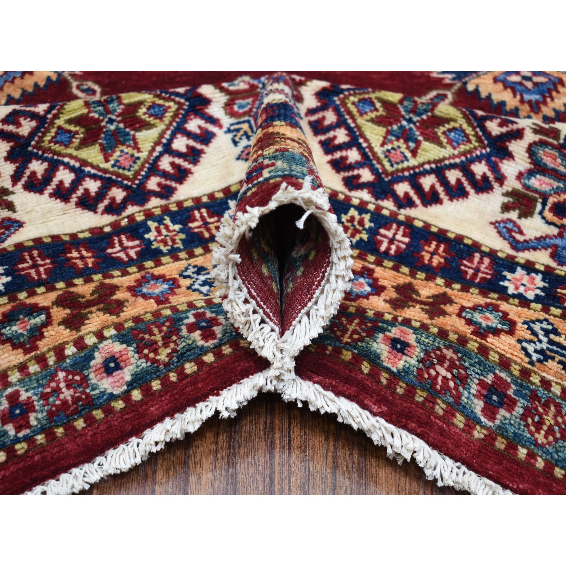 8'1"x10' Deep Red Soft Afghan Wool Hand Woven Super Kazak with Geometric Design Oriental Rug 