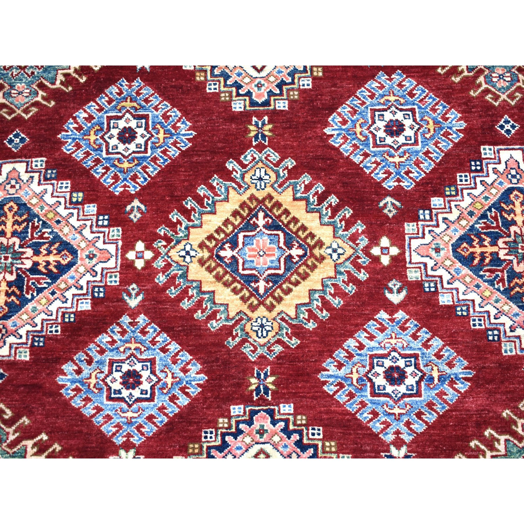 8'1"x10' Deep Red Soft Afghan Wool Hand Woven Super Kazak with Geometric Design Oriental Rug 