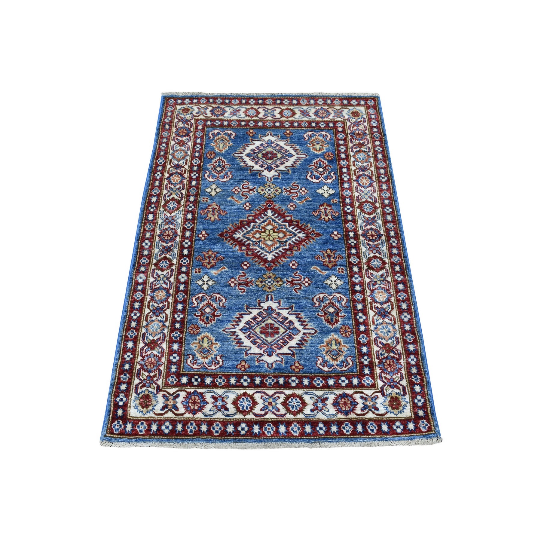 2'7"x4'1" Light Blue Super Kazak with Triple Medallions Design Soft Afghan Wool Hand Woven Oriental Rug 