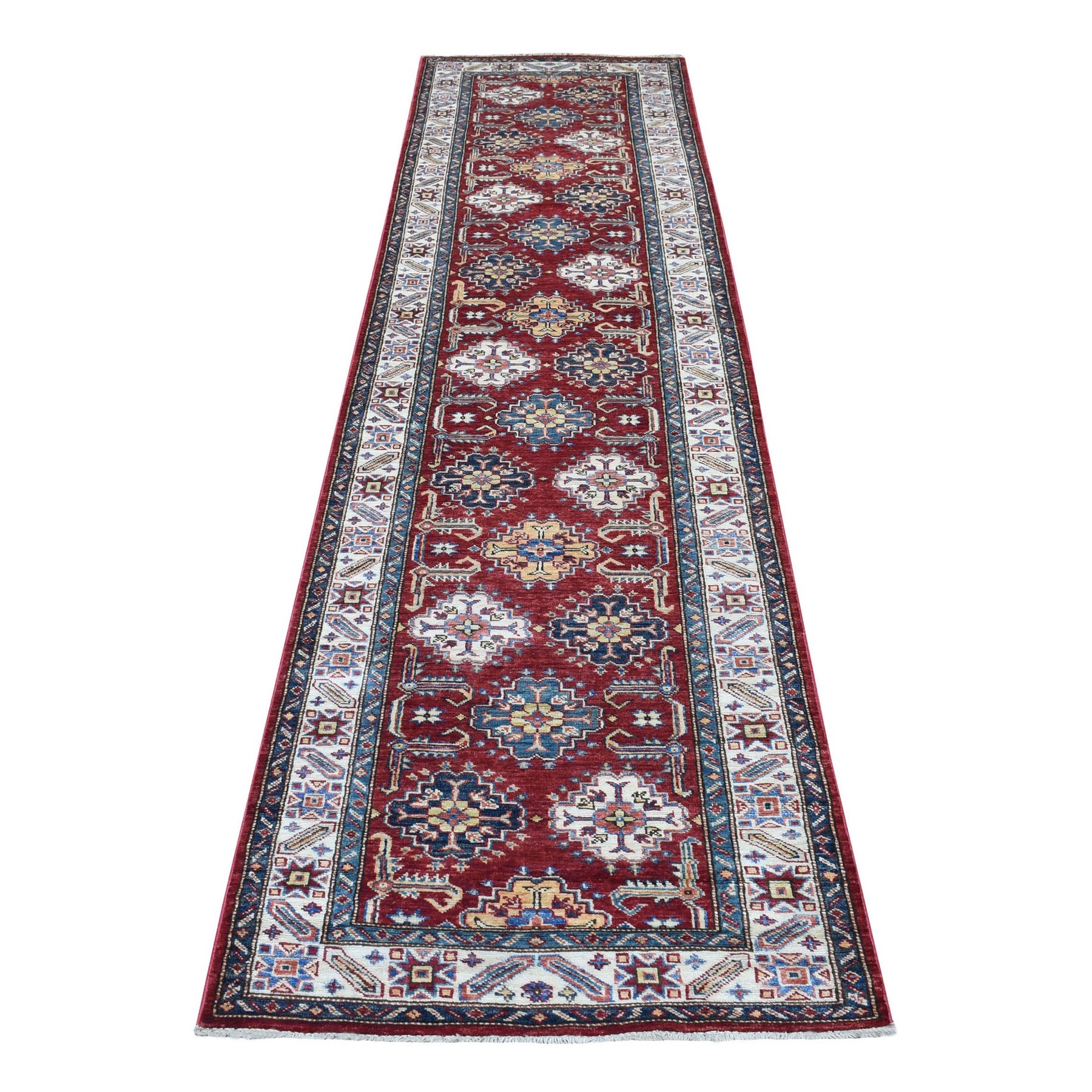2'8"x10'1" Hand Woven Deep Red Super Kazak with Geometric Design Soft Afghan Wool Oriental Runner Rug 