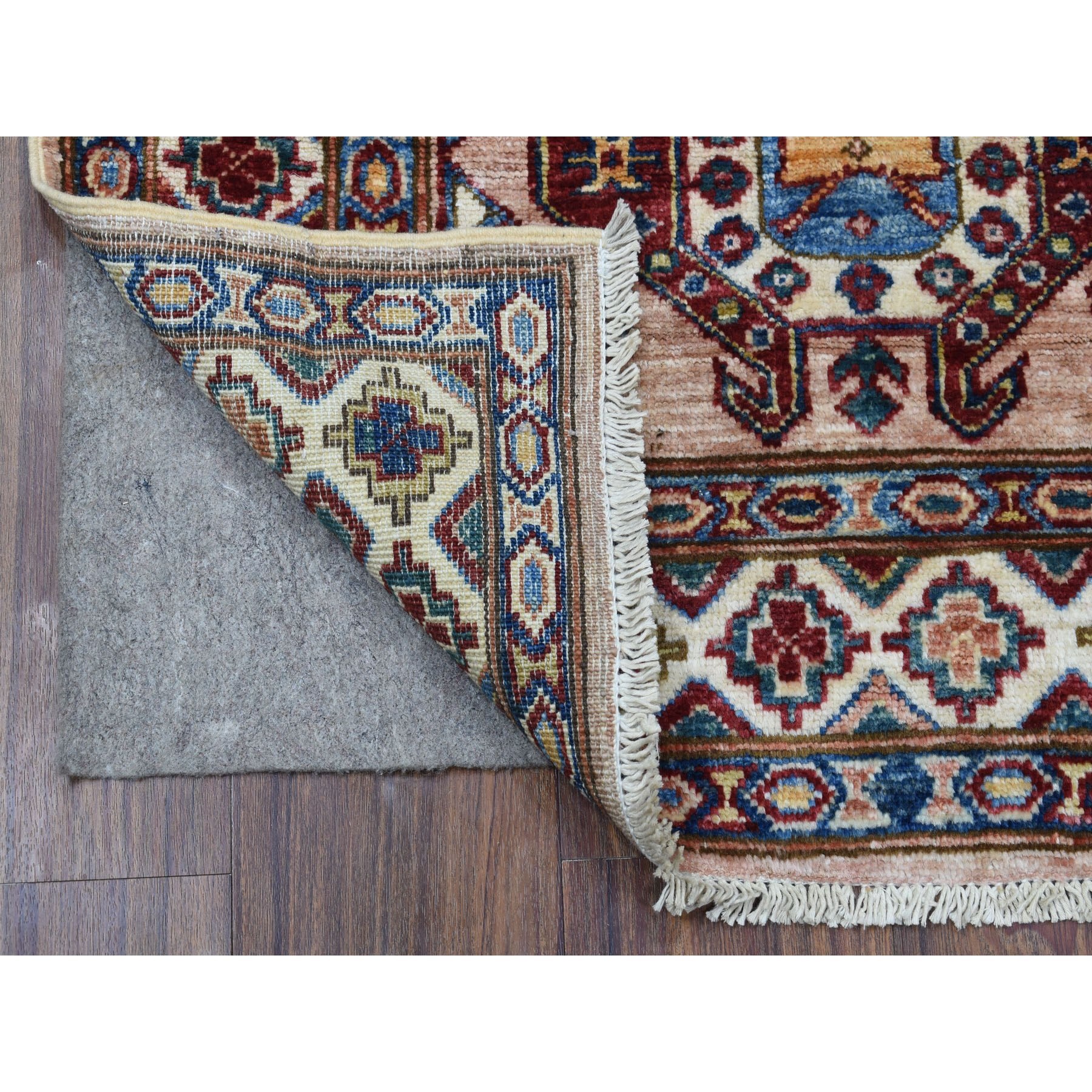 2'7"x9'8" Super Kazak with Tribal Medallions Design Peach Color Pure Wool Hand Woven Oriental Runner Rug 