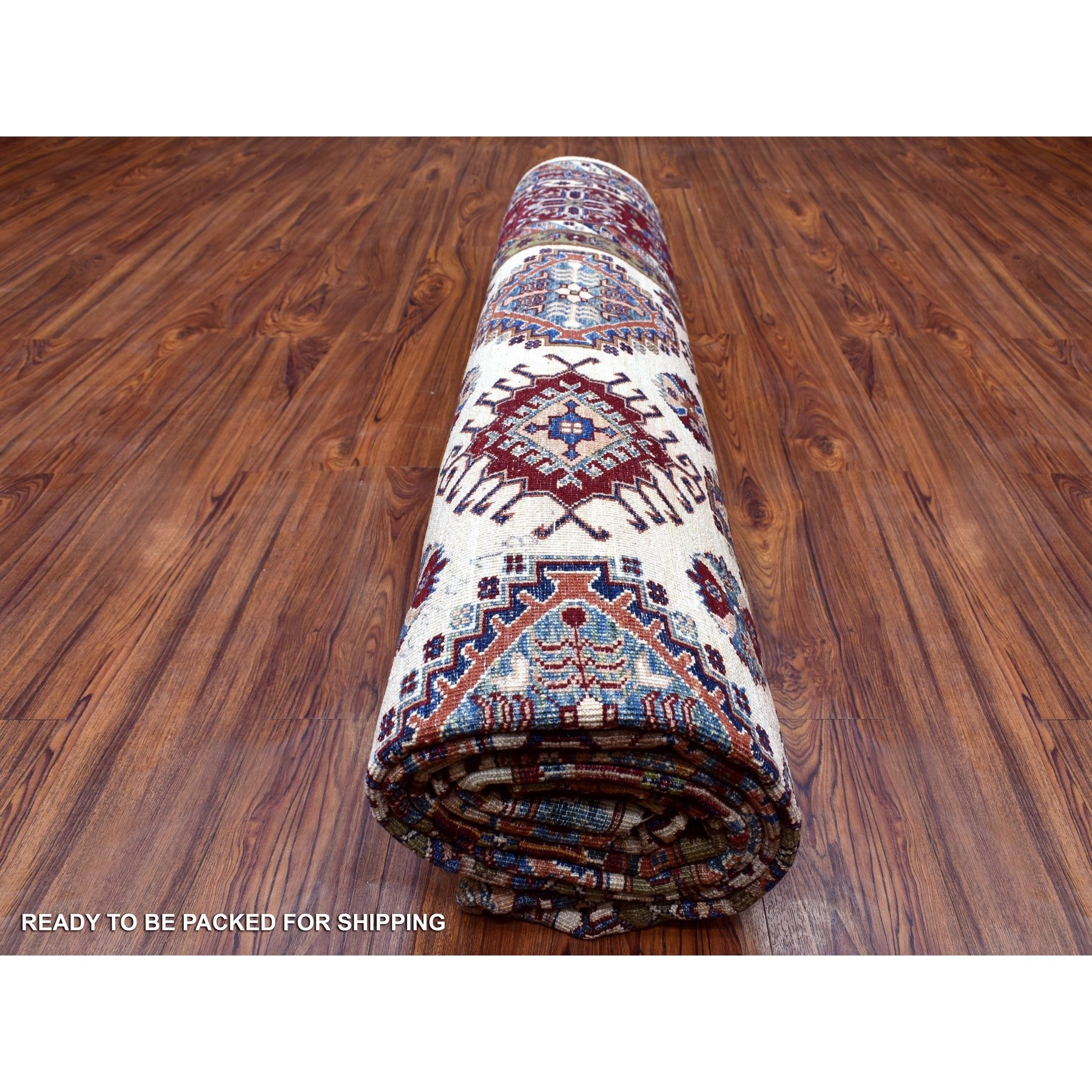 9'1"x12'4" Ivory with a Dark Red Border Super Kazak with Colorful Repetitive Medallions Afghan Shiny Wool Hand Woven Oriental Rug 