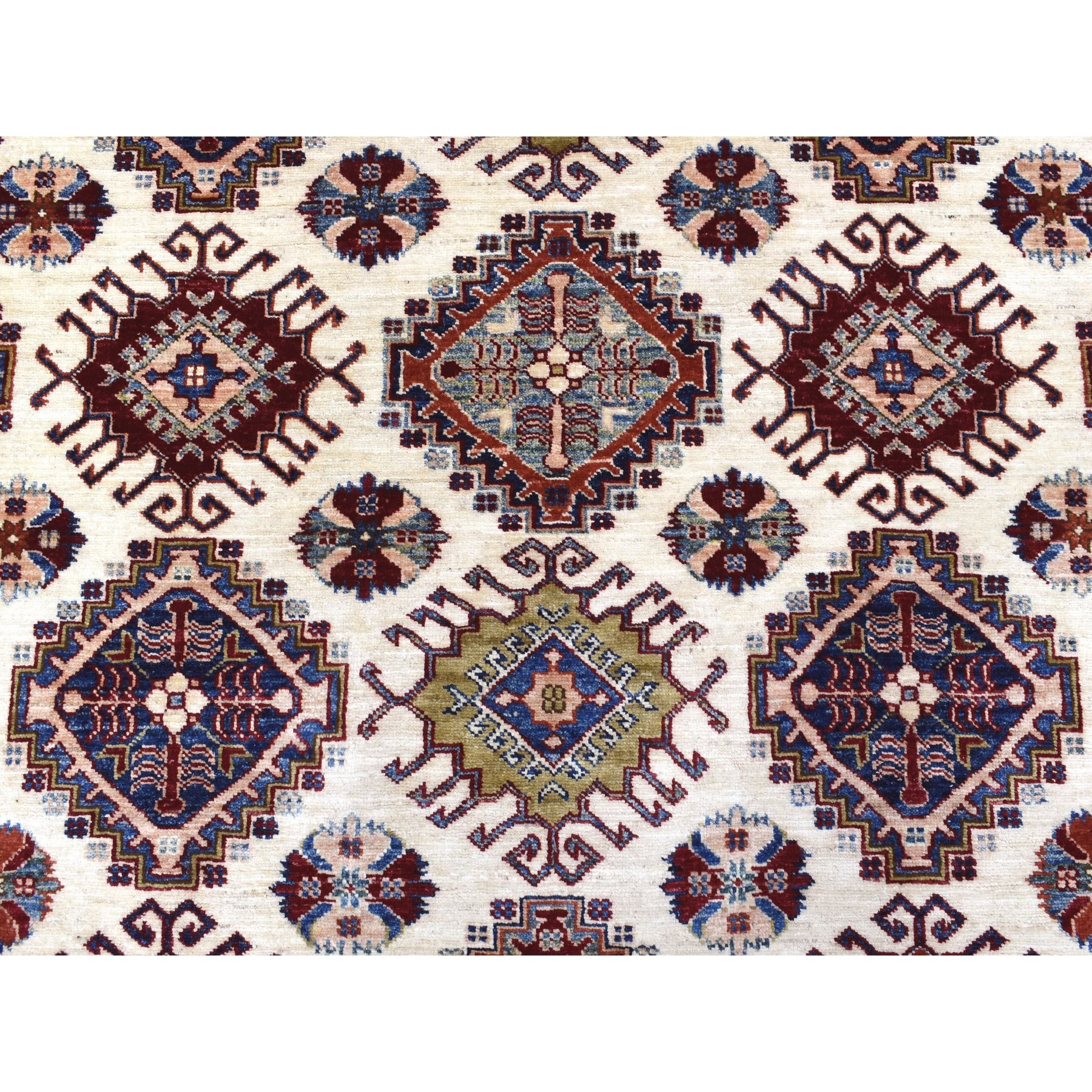 9'1"x12'4" Ivory with a Dark Red Border Super Kazak with Colorful Repetitive Medallions Afghan Shiny Wool Hand Woven Oriental Rug 