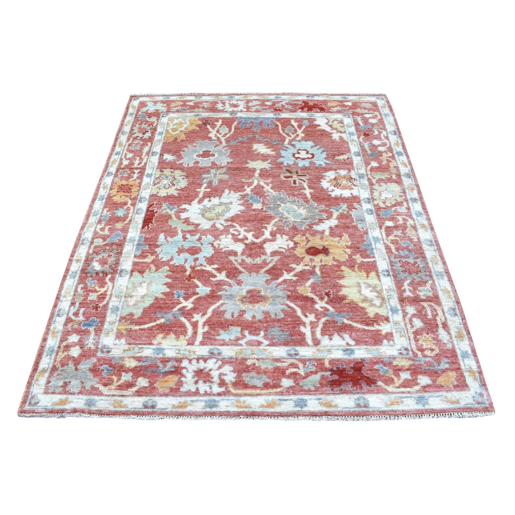 5'2"x6'6" Red Angora Oushak with Pop of Colors Hand Woven Soft to the Touch Wool Pile All Over Motifs Oriental Rug 