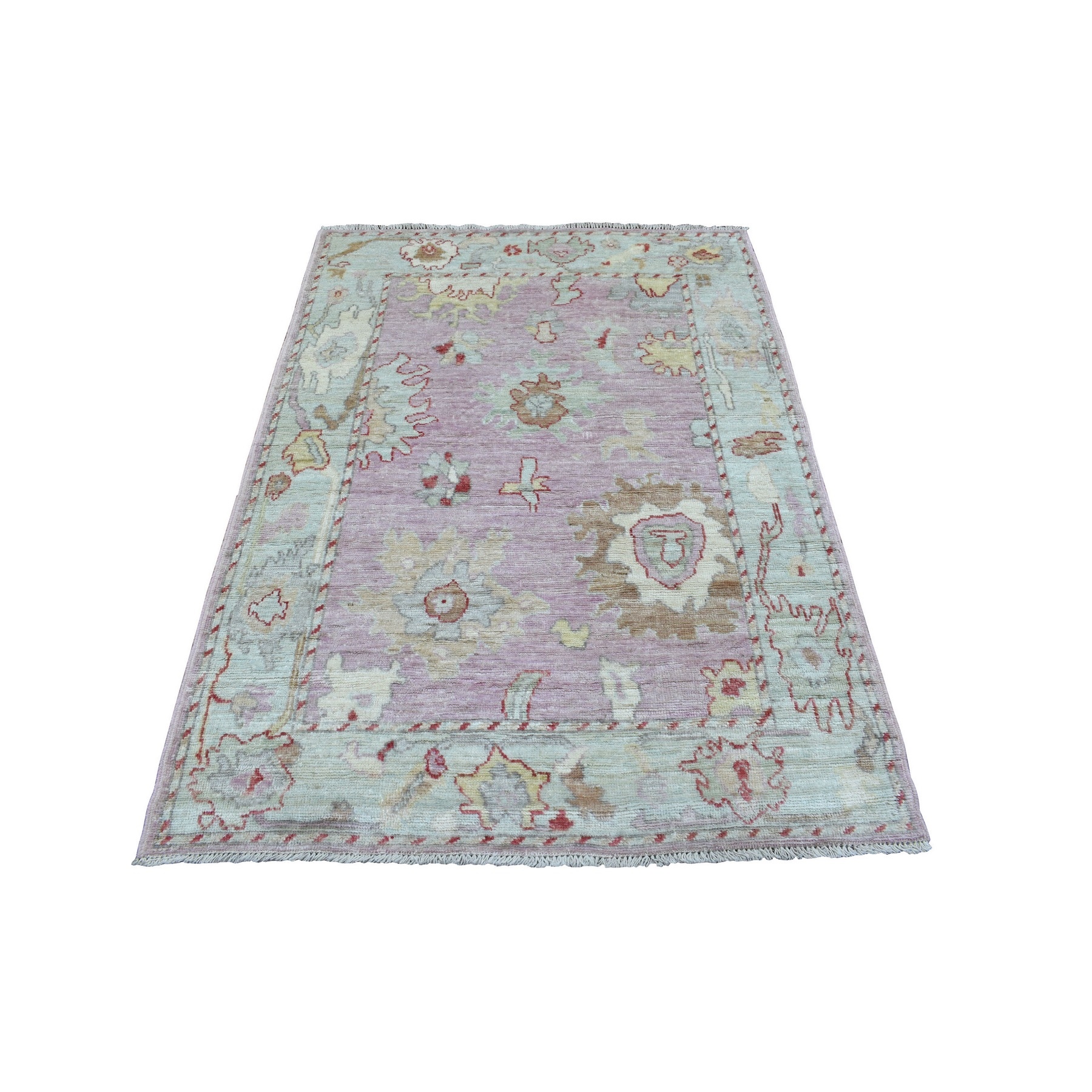4'1"x5'9" Supple and Pliable Wool Lilac Angora Oushak with Colorful Motifs Hand Woven Oriental Rug 
