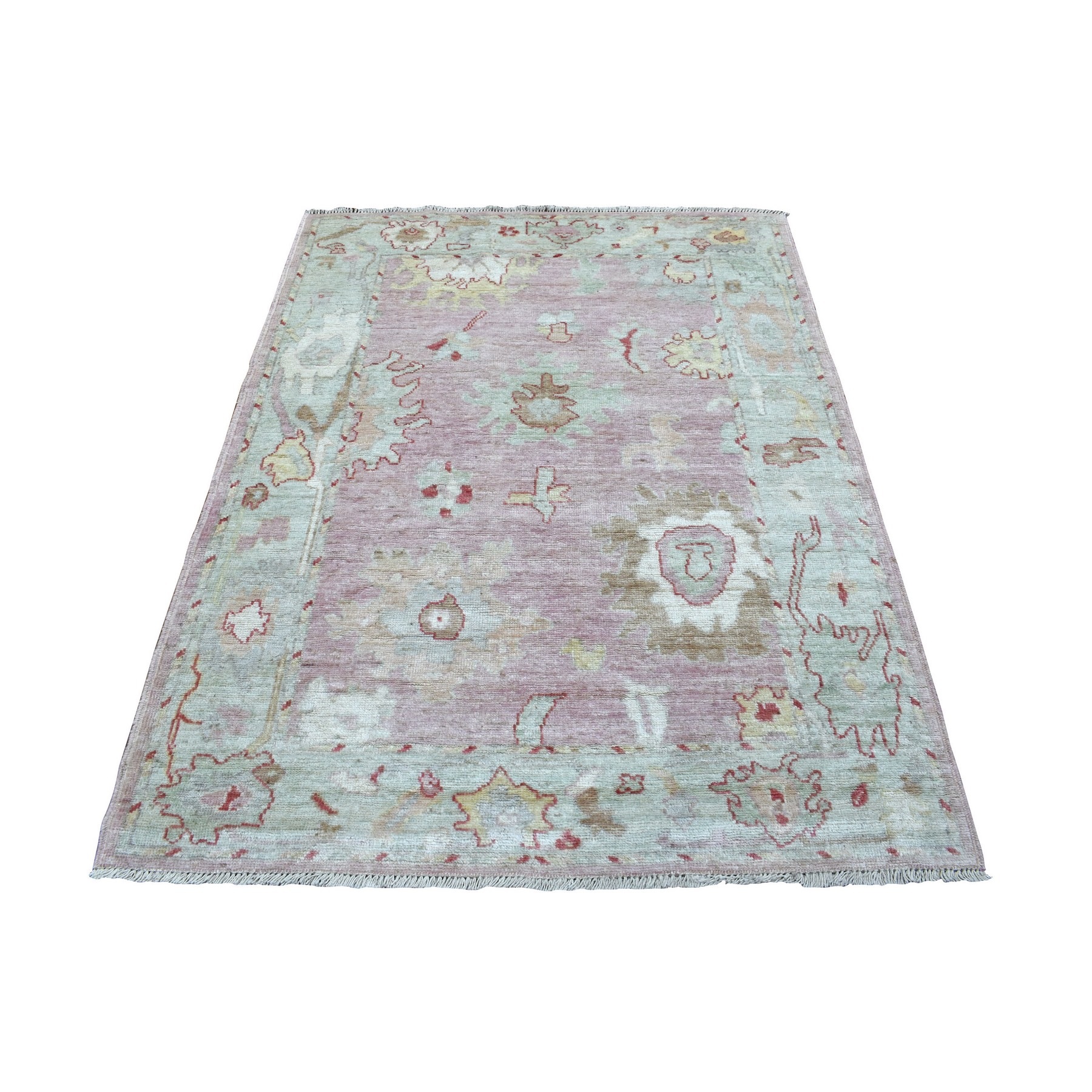 4'3"x6' Supple and Pliable Wool Pink Angora Oushak with Colorful Motifs Hand Woven Oriental Rug 