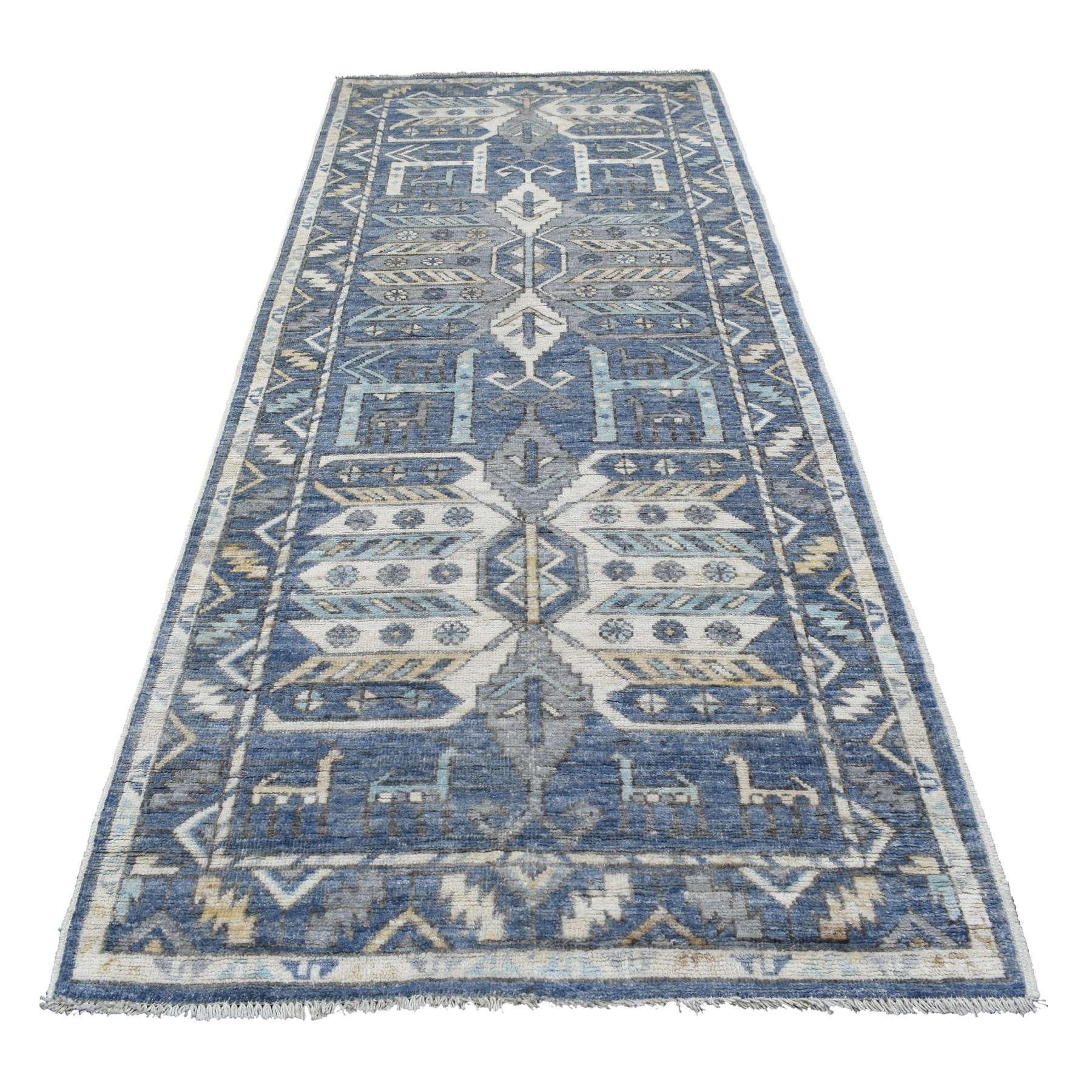 4'3"x10'1" Denim Blue Village Inspired Anatolian with Ancient Animal Figurines Pure Wool Hand Woven Oriental Runner Rug 