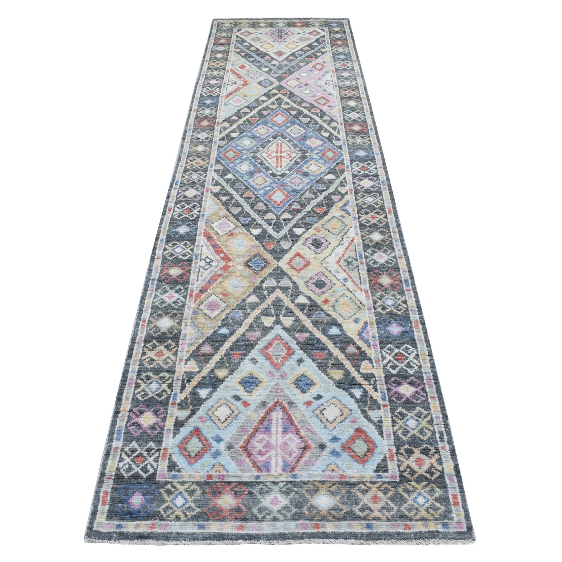 3'x11'9" Anatolian Village Inspired Geometric Design Gray Extra Soft Wool Hand Woven Oriental Runner Rug 