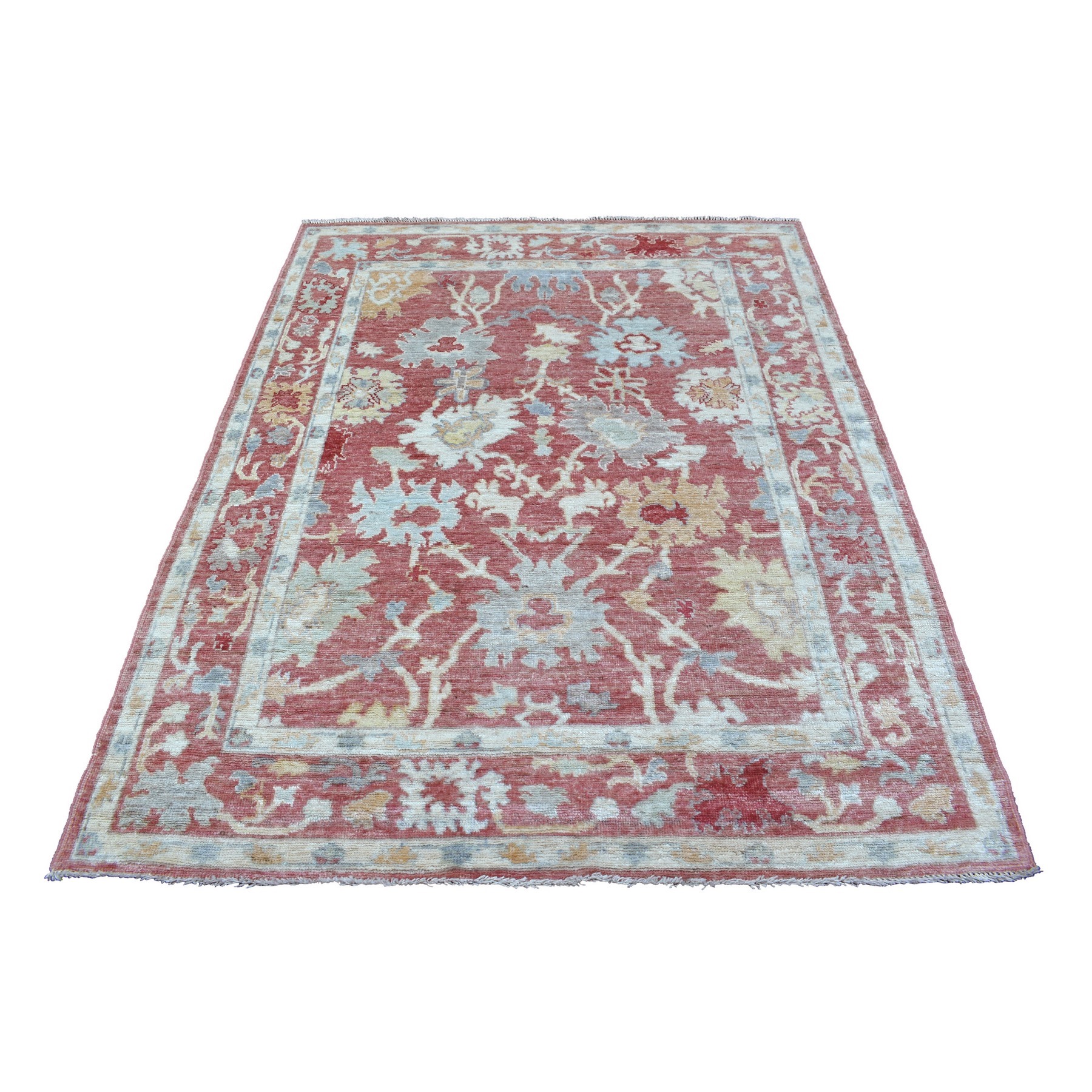 4'1"x6'7" Sun-Faded Red Angora Oushak with All Over Leaf Design Hand Woven Soft, Velvety Wool Oriental Rug 