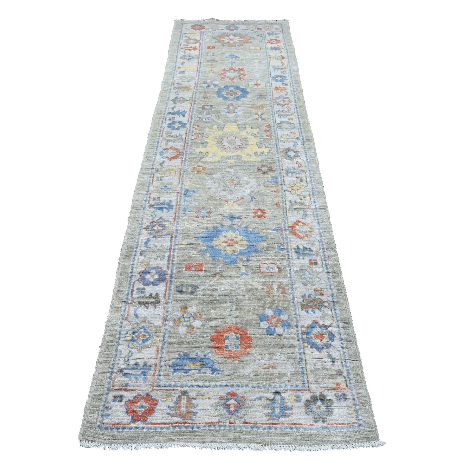 2'7"x9'7" Gray Angora Oushak in a Colorful Palette Hand Woven Natural Wool Oriental Runner Rug 