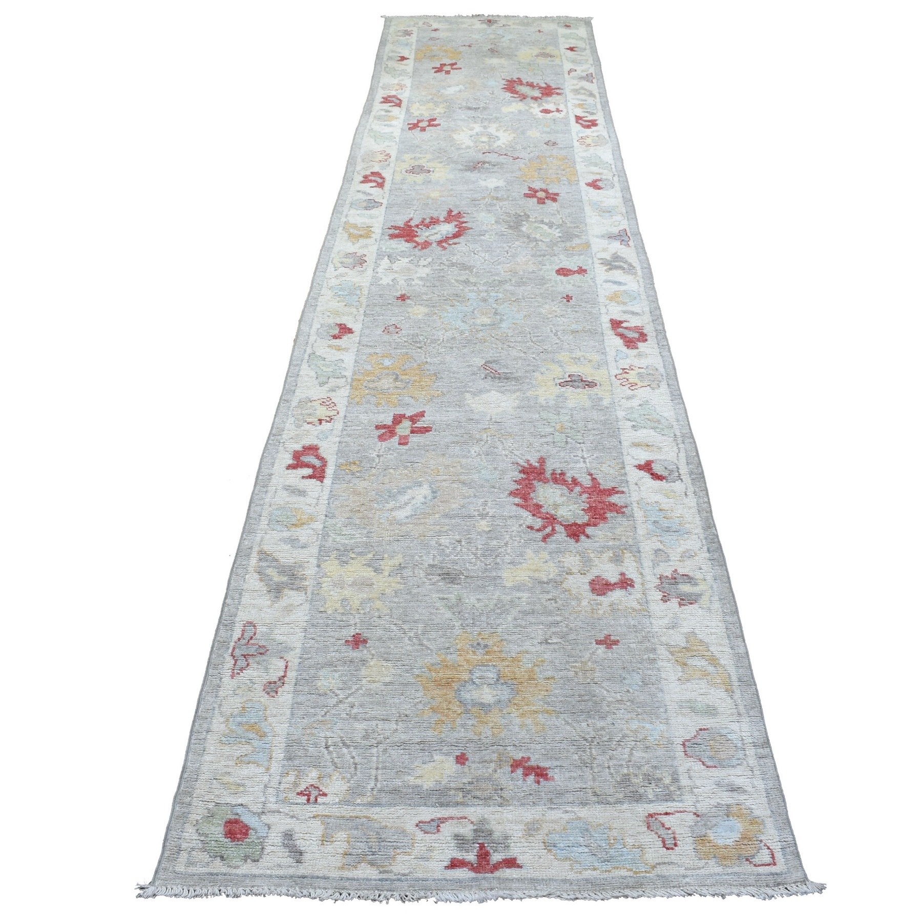 3'x13'5" Extra Soft Wool Gray Angora Oushak with Pop of Red and Yellow Hand Woven Oriental Wide Runner Rug 