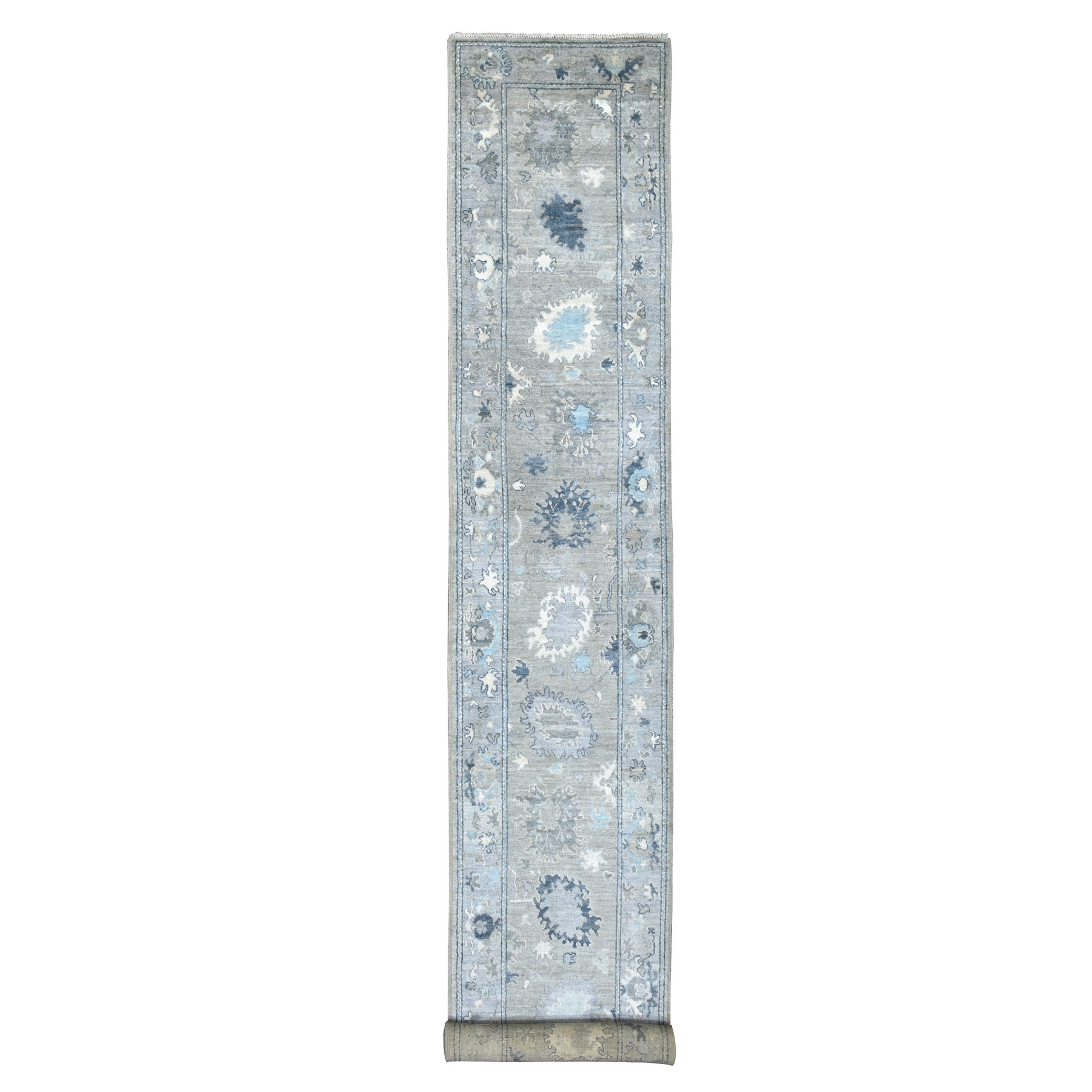 2'9"x19'6" Gray with Pop of Blue Leaf Design Angora Oushak Beautiful Hand Woven Shiny Wool Oriental XL Runner Rug 