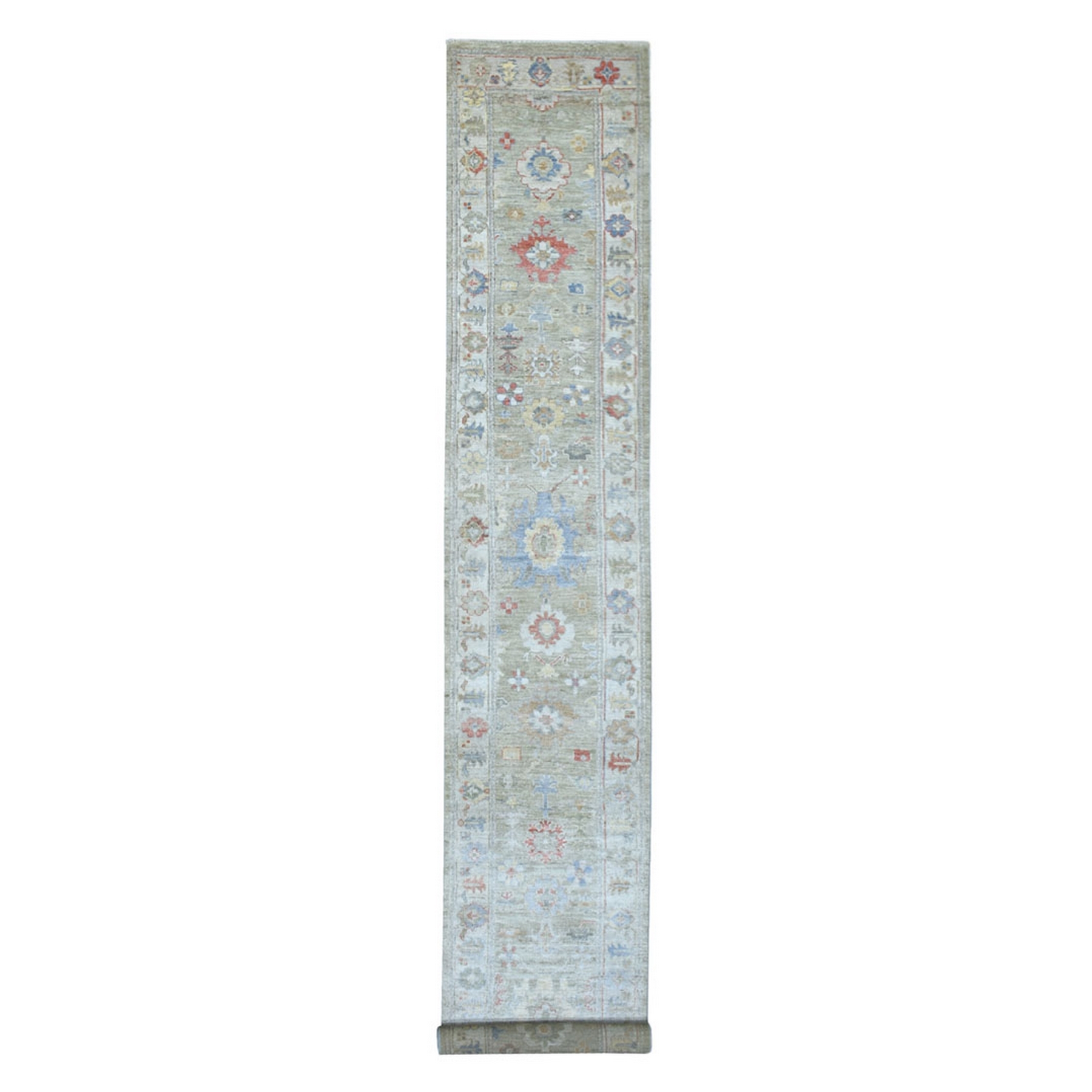 2'7"x17'5" Hand Woven Angora Oushak with Colorful Motifs Gray Extra Soft Wool Oriental XL Runner Rug 