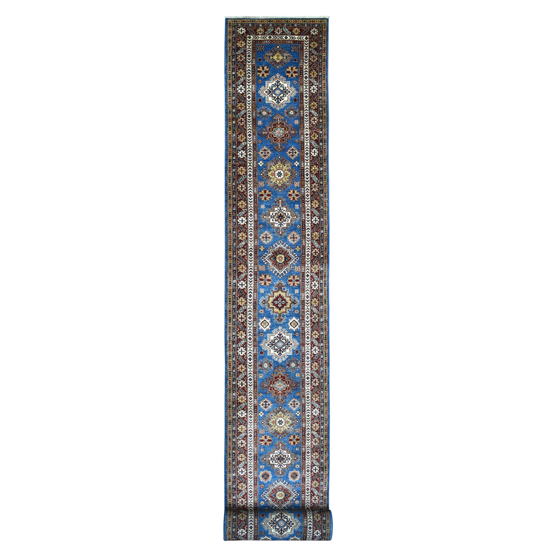 2'10"x37'2" Super Kazak with Tribal Medallions Design Hand Woven Soft Organic Wool Faded Blue Oriental XL Runner Rug 