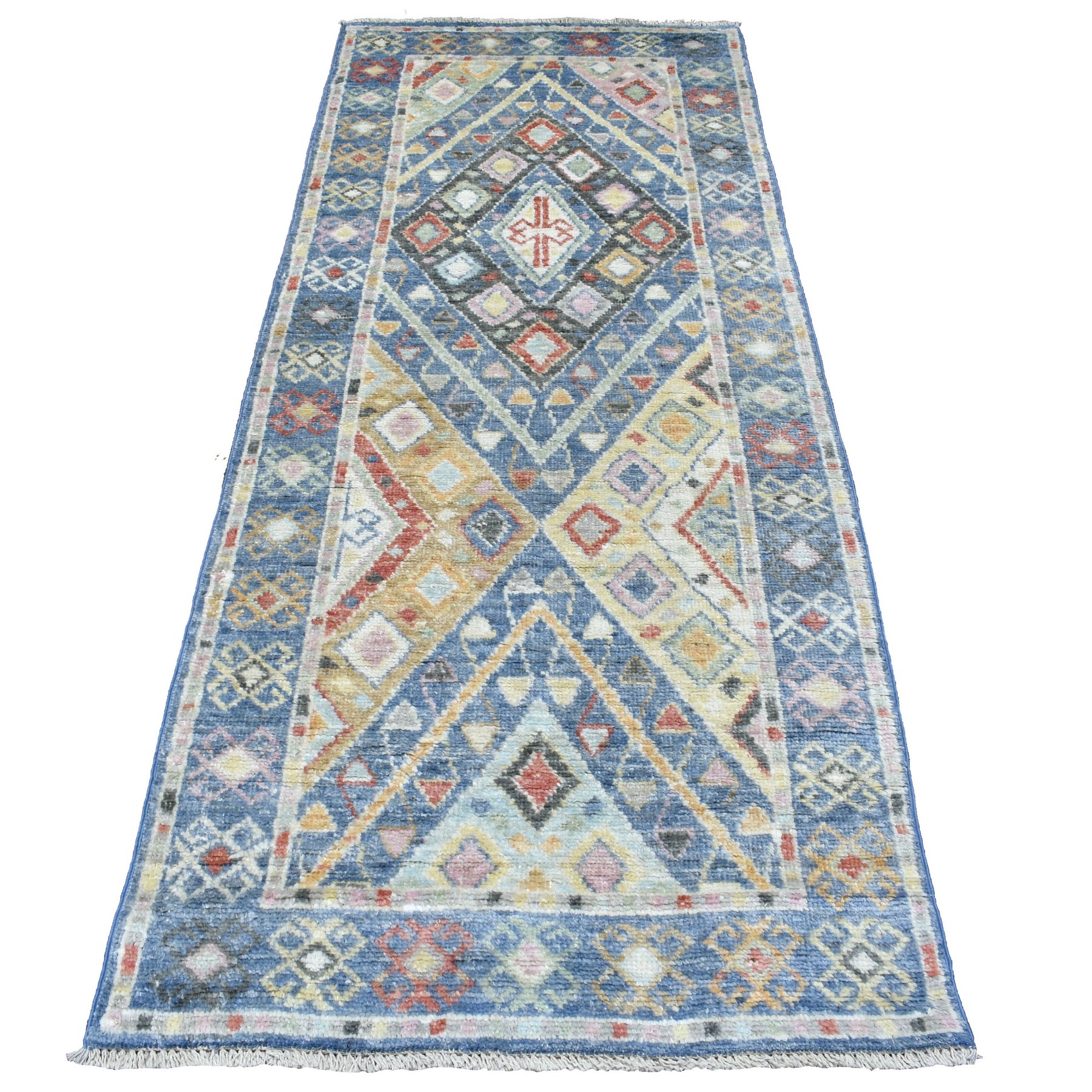 3'1"x8' Denim Blue Anatolian Village Inspired Geometric Design Soft Afghan Wool Hand Woven Oriental Runner Rug 