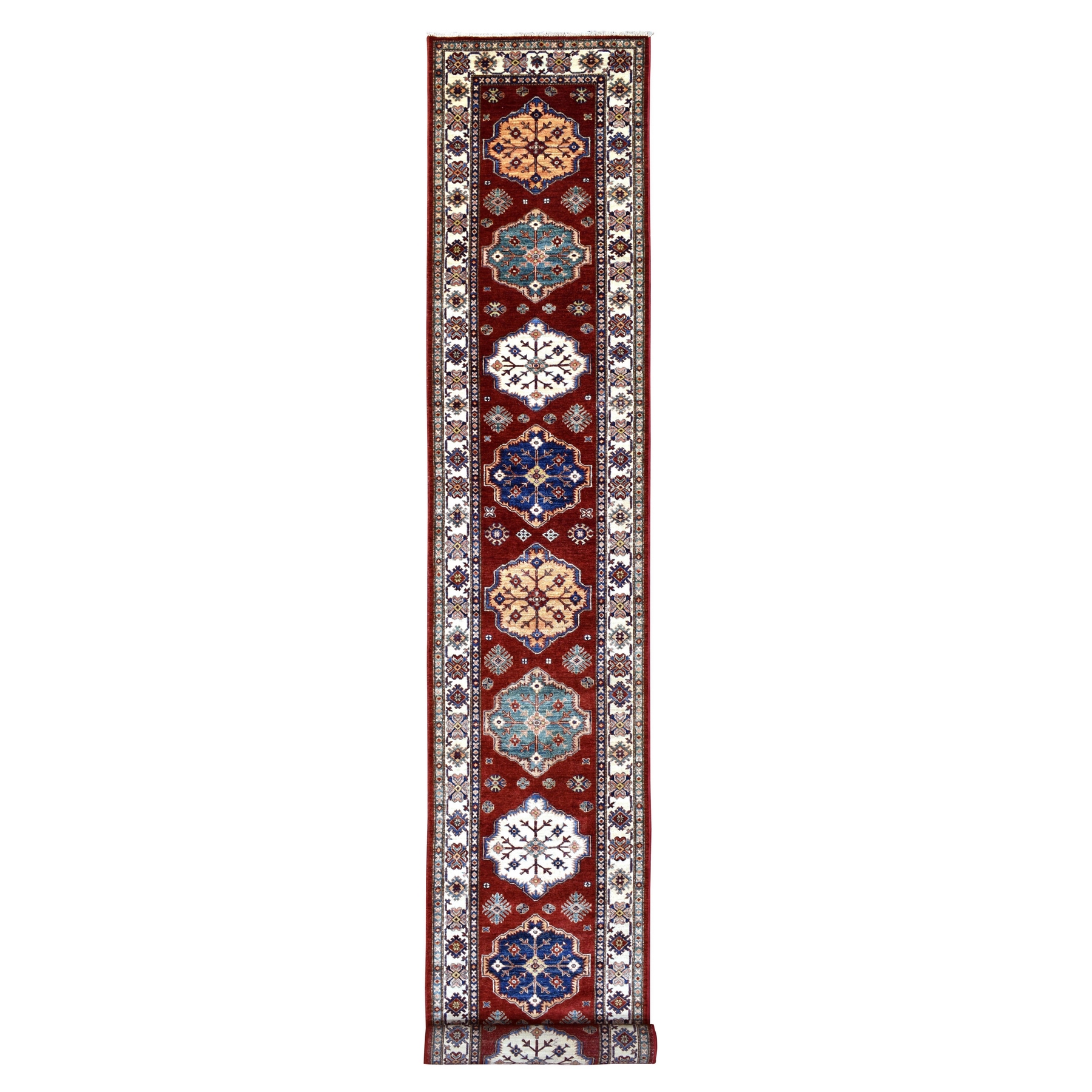 2'9"x24'7" Deep Red Super Kazak with Tribal Medallions Design Hand Woven Afghan Wool XL Runner Oriental Rug 