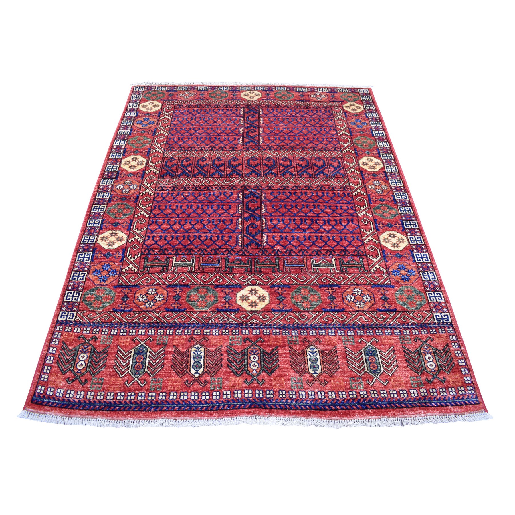 5'1"x6'9" Red with Pop of Color Hutchlu Design Afghan Ersari Hand Woven Soft, Velvety Wool Oriental Rug 