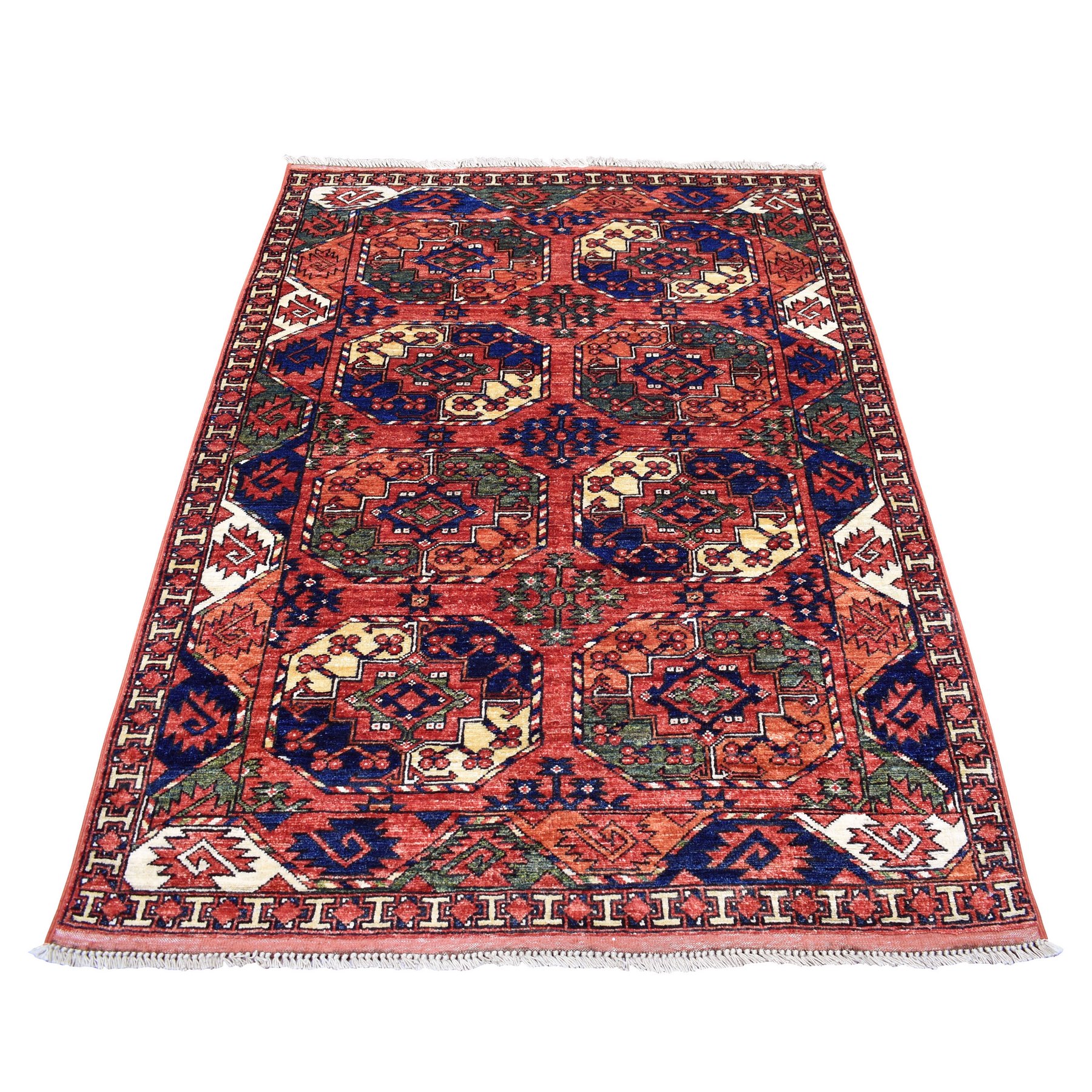 4'1"x5'10" Coral Red Afghan Ersari with Elephant Feet Design Hand Woven Soft, Vibrant Wool Oriental Rug 