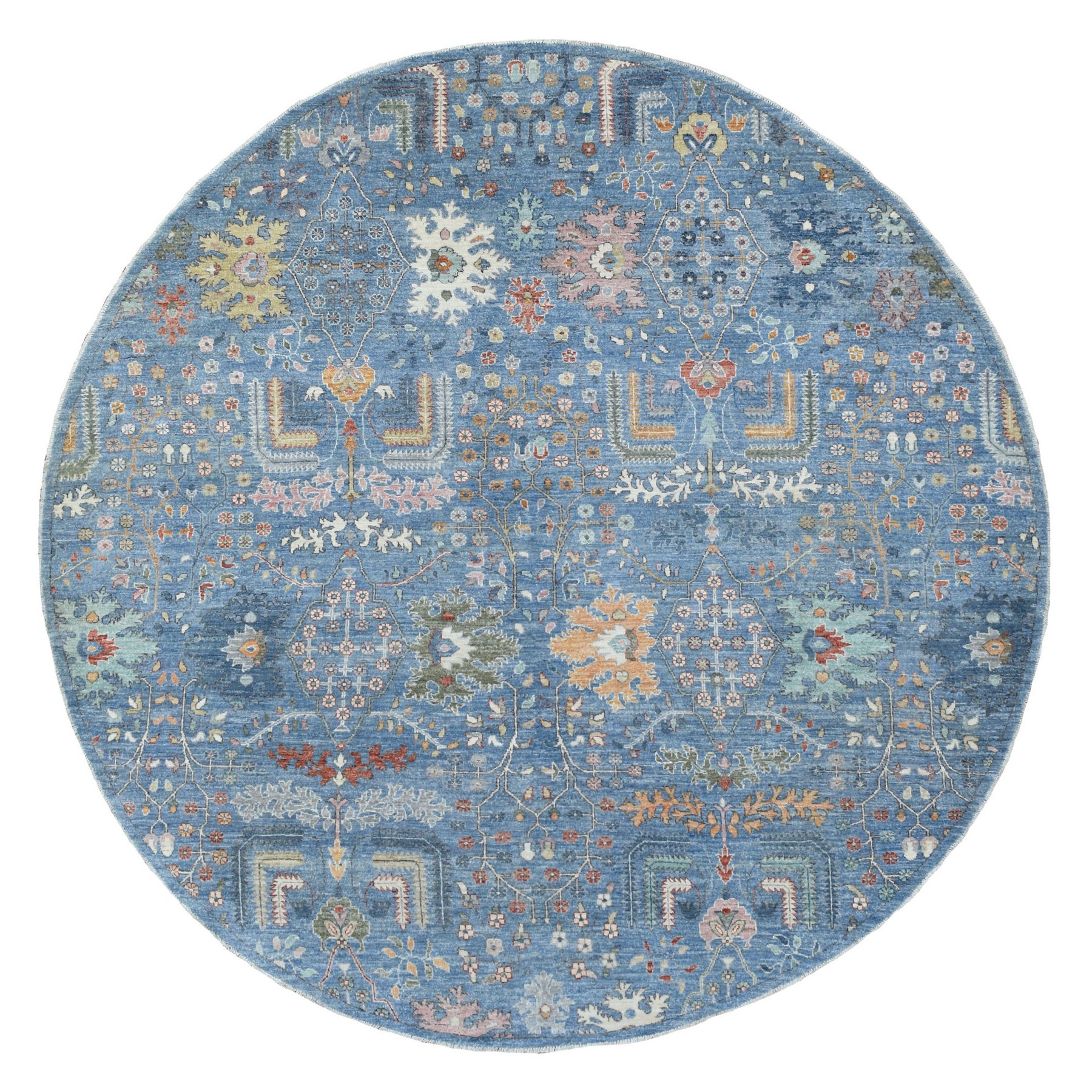 9'1"x9'1" Denim Blue Fine Peshawar with Colorful Willow Tree Design Extra Soft Wool Hand Woven Oriental Round Rug 
